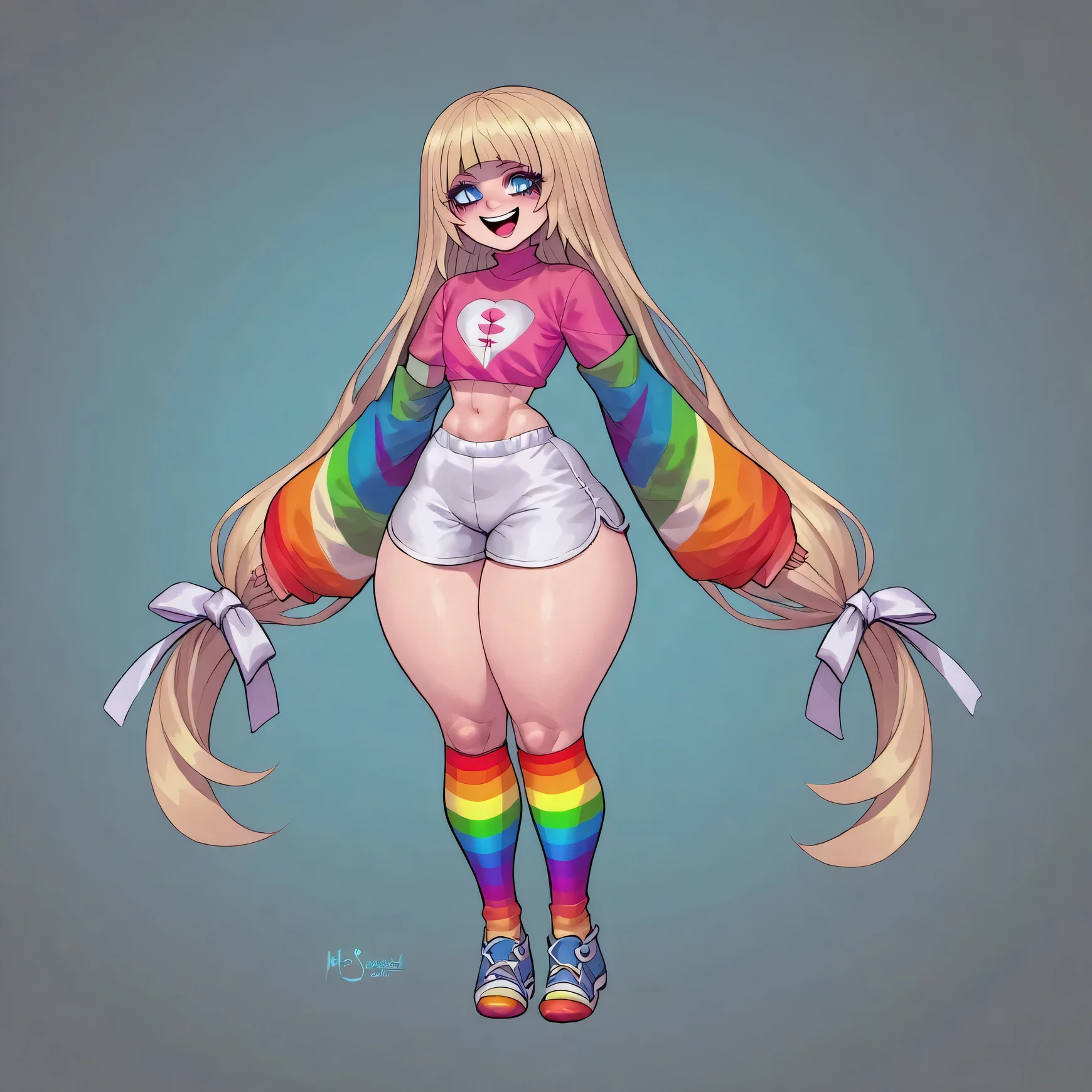 score_9, score_8_up, score_7_up, score_6_up, score_5_up, score_4_up, BREAK vintage, 1990s \(style\), mature female, blonde hair, blunt bangs, long ponytail, sidelocks, nose, puffy lips, blue eyes, pink pupils, blue crop top, hands on own hips, white sunglasses on head, (rainbow thighhighs), skindentation, body freckles, large natural breasts, looking at viewer, parted lips, smile, solo, pink thong, tanlines, solo, underboob, scanlines