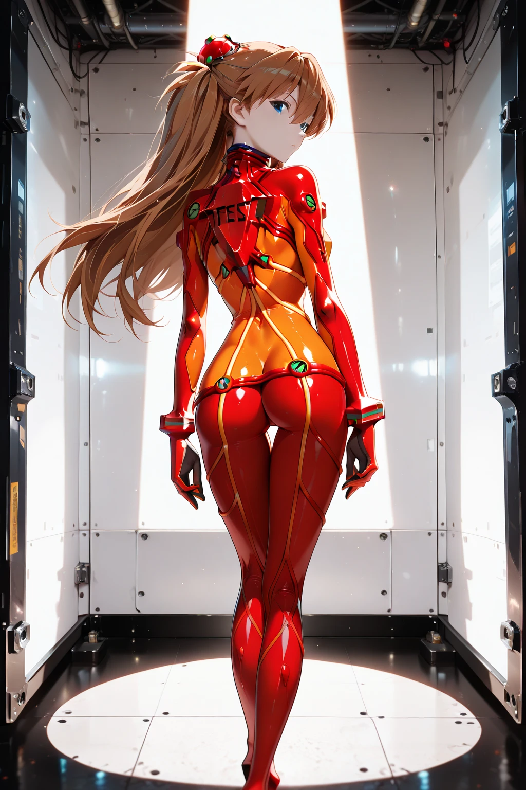 Asuka Langley Shikinami, inclinado sobre recoger algo del piso, View from behind, Traje de enchufe trasnparent, perfecto