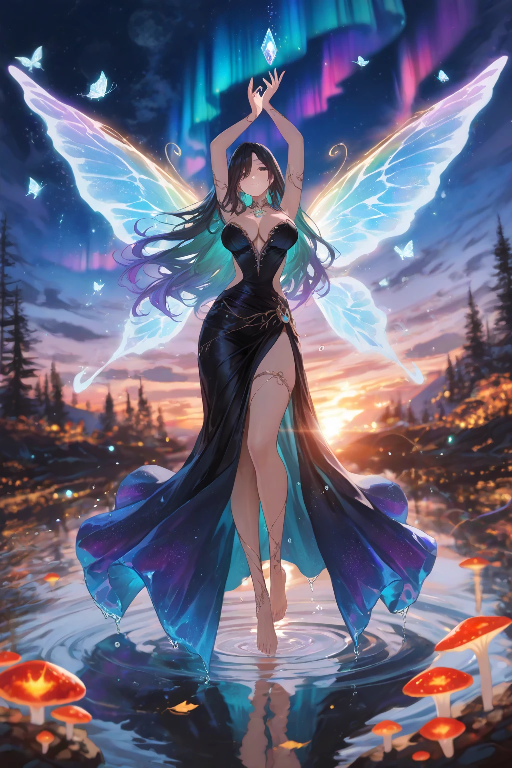 A woman, Black long hair, Wearing Hanfu，The hair is neat, On the war zone. Thousands, Big breasts and big breasts, Butterfly, Siege equipment, background, antique, Delicate and beautiful skin, Exquisite facial features, Cool colors, 复杂的background, 美丽的background,  4K, Very detailed, masterpiece.