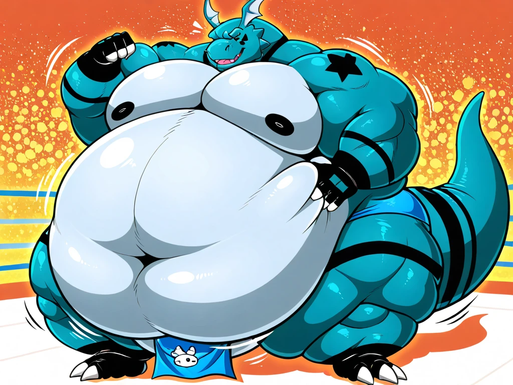 Profile picture of a ((Solo)), 1 boy, male, very largest, ((bara)), buff, extremely thickened overweight body, ((((5000 pounds)))):4, ((((((massive fluffy belly)))))):4, (((((massive thighs, massive curves, massive pecs, massive biceps))))):3, ((((dark cyan)))), fluffy, ((hunky)) (((dragon))) with, (((dragon snout))):1.3, ((small head)), simple background, standing, flexing, shading, sideways, by Zackary911, posted on e621, posted on FurAffinity