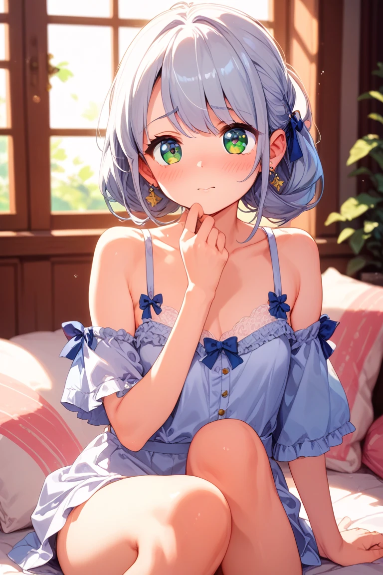 ((8k, Highest quality, masterpiece: 1.3)),Ultra-high resolution,(1 girl, alone), (Color changing eyes, Ultra-detailed, Expressive brilliance, Glitter, Glowing Eyes), Highly detailed eyes, Highly detailed face, Random Hair, ((pastel colour)),A playful young woman with pastel blue hair styled into twin braids, sitting on the floor near her bed during a cozy evening. She is wearing a bright yellow bikini with ruffled edges. The camera captures her from a low angle as she sits with her legs tucked under her, leaning forward slightly with a mischievous smile. As she shifts into another pose, she lies on her back with her legs bent at the knees, gazing up at the ceiling with a dreamy expression. The room is softly lit by a bedside lamp, with warm tones and cozy furnishings creating a relaxed atmosphere.