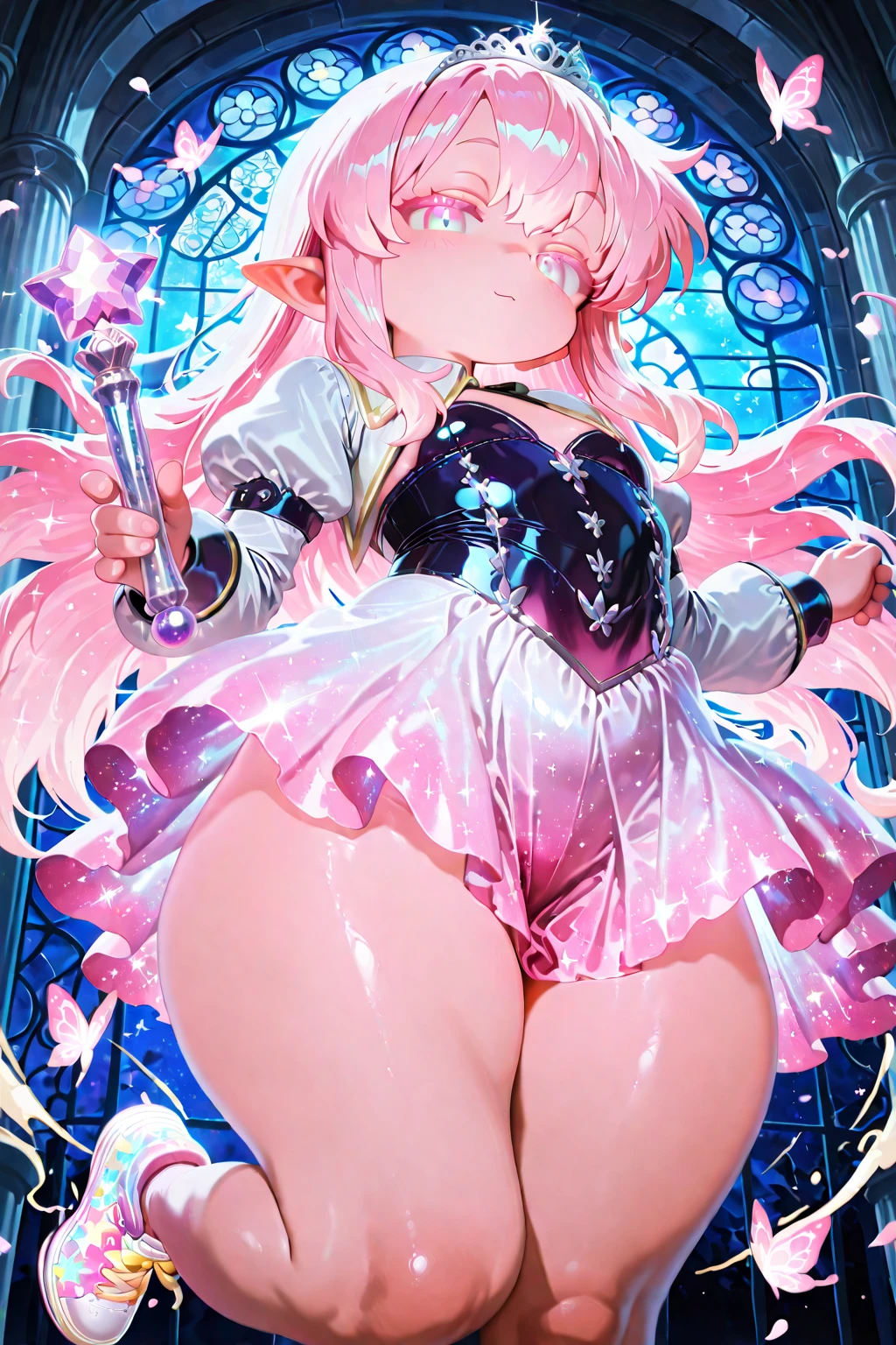 1girl, Angle from below:1.8, The girl bends forward to show off her breasts、legs apart, (Blade), (Tanned shiny whiteskin:1.6)、Glowing Eyes, ((Sexy evil grin)), (10 years old girl), rainbow color hair、Twin tails、forehead、breasts, pink rips, hat, ((((arabian white clothes, see-through)), (headband), (Areola Slip), small breasts, (jewelry)))、desert, ((sahara)), ((focus crotch)), (crotch),((foot)), ((acrobatic pose)), ((girl on top)),
