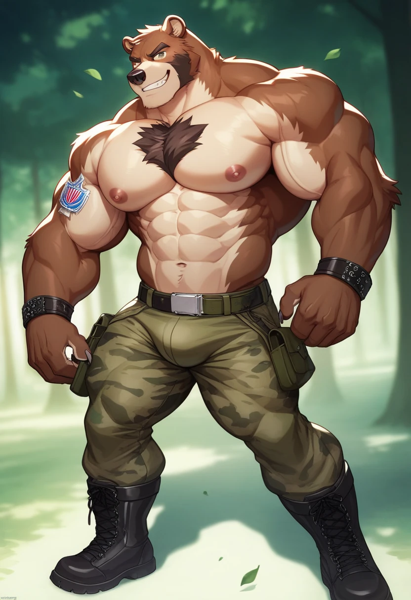 By dangpa, By daveoverlord, by kuulongarl, by takemoto, by kusunagi grizzly bear, muscular, topless, military, planes, huge pec, pectoral, large , black tank top, black gym shorts, black wristbands, black gym shoes, wearing black sun glasses, attractive guy, 8k furry art