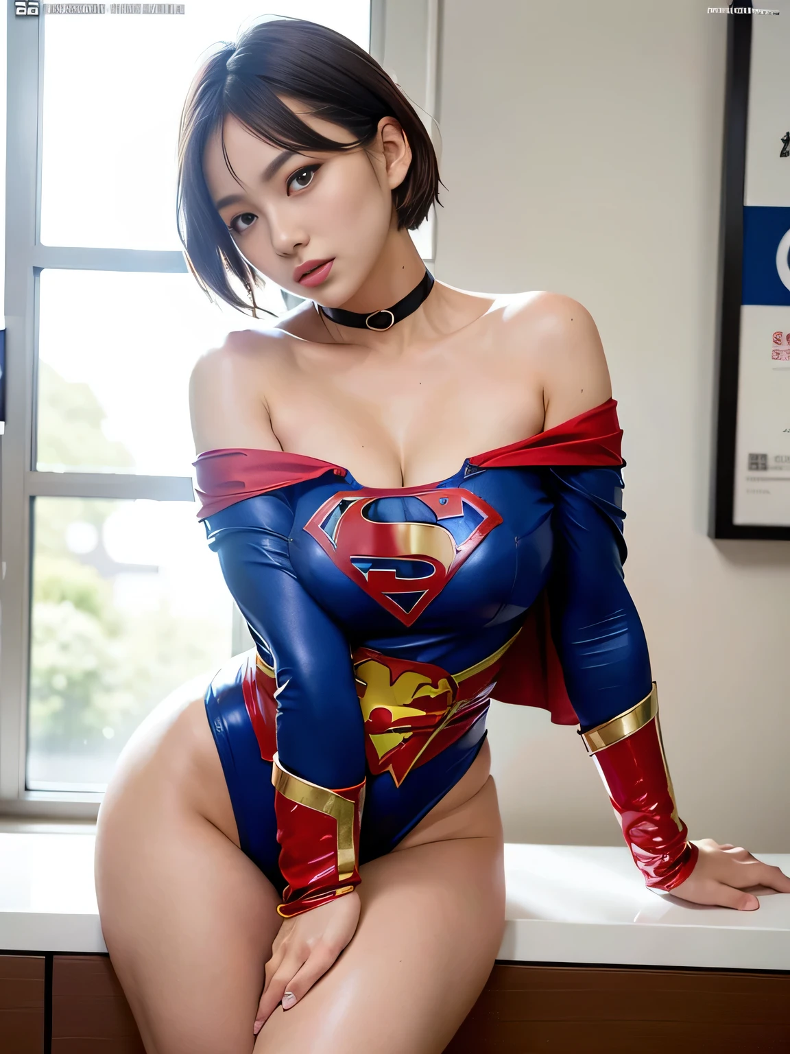 masterpiece,Short-haired Supergirl sleeping in the operating room、Plump breasts、Looking at the camera、a choker、bare-legged、MagazineCover、highleg、a miniskirt、Tight costumes、Puzzled、Large open legs、Obscene、Show a glimpse、Fluttering cloak、cum on
