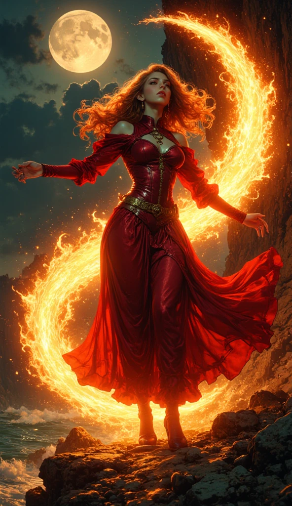 an intelligent female hero which the character is similar to wanda maximoff, while putting a goddess like cloth surrounding its clothes, clothes looking like a superhero's, and a crown-like headpiece. make it brownish orange hair and magic effects surrounding its hands.