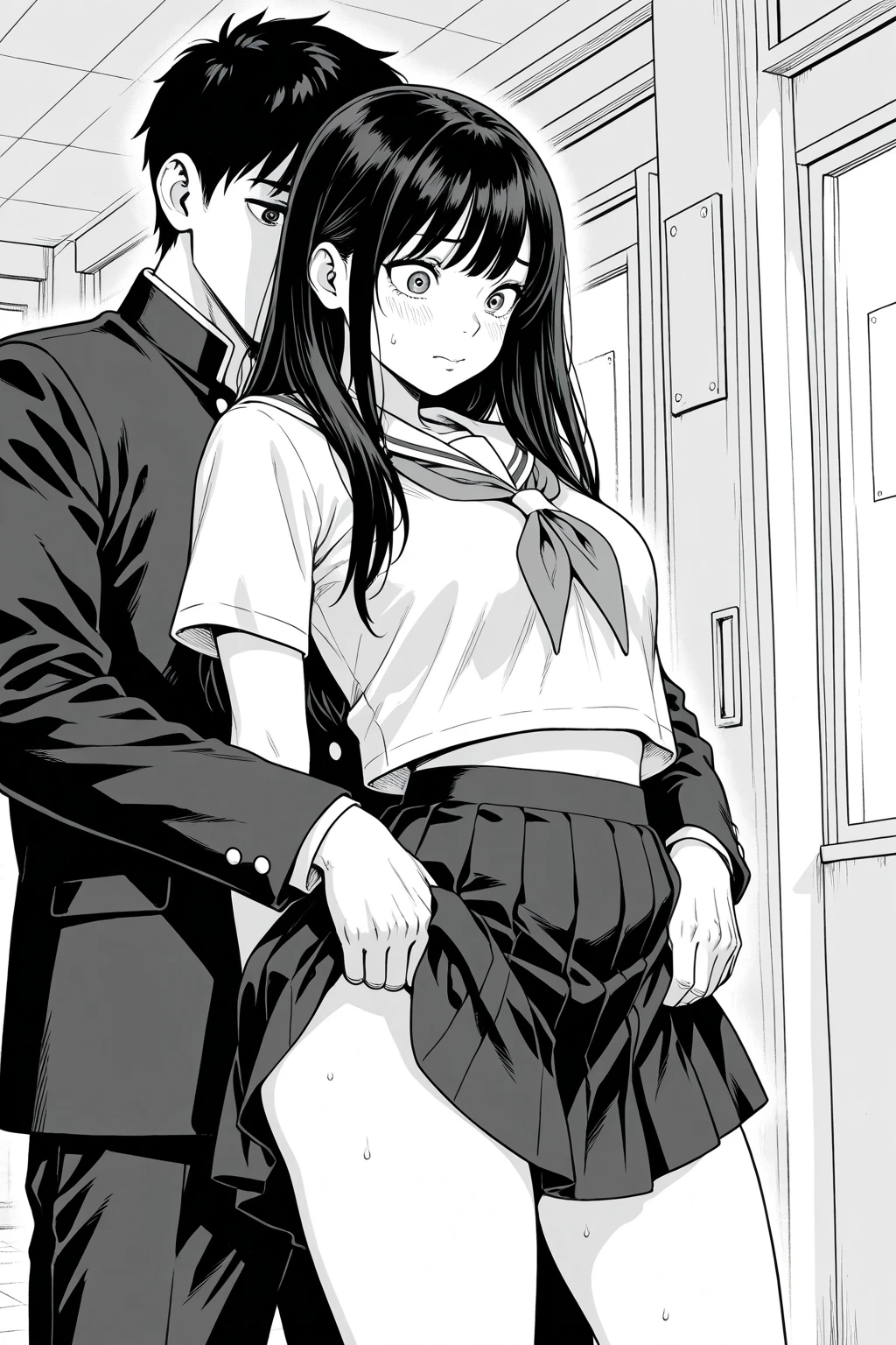score_9, score_8_up, score_7_up, score_6_up, score_5_up, score_4_up,
source_anime,
masterpiece,best quality,highres,absurdres,
official art,official style,anime screencap,anime coloring,megami magazine,anime,animated,
shiny skin,

CHITOSENISHINA, 
CHITOSE NISHINA, LONG HAIR, BANGS, BLUNT BANGS, MONOCHROME, GREYSCALE,
SKIRT, THIGHHIGHS, NAVEL, CLEAVAGE, SCHOOL_UNIFORM, PLEATED SKIRT, HAIRBAND, SERAFUKU, BLACK THIGHHIGHS, BLACK SKIRT, ZETTAI RYOUIKI, NECKERCHIEF, BOW, HAIR BOW, SHIRT,
CLASSROOM,

medium breasts,large areolae,pointy breasts,covered nipples,
shirt lift,bra lift,nipples,large areolae,
skirt lift,panty pull,
narrow waist,curvy,
wedgie,

rating_explicit,uncensored,
blush,sweat,(orgasm),open mouth,happy,torogao,
1GIRL,1man,(dark-skinned male:1.8),(muscular_male:1.2),
saliva,saliva trail,blush,
(upright straddle,vaginal),(kiss:1.3),leg lock,

viewfinder,
twitching,(female ejaculation),