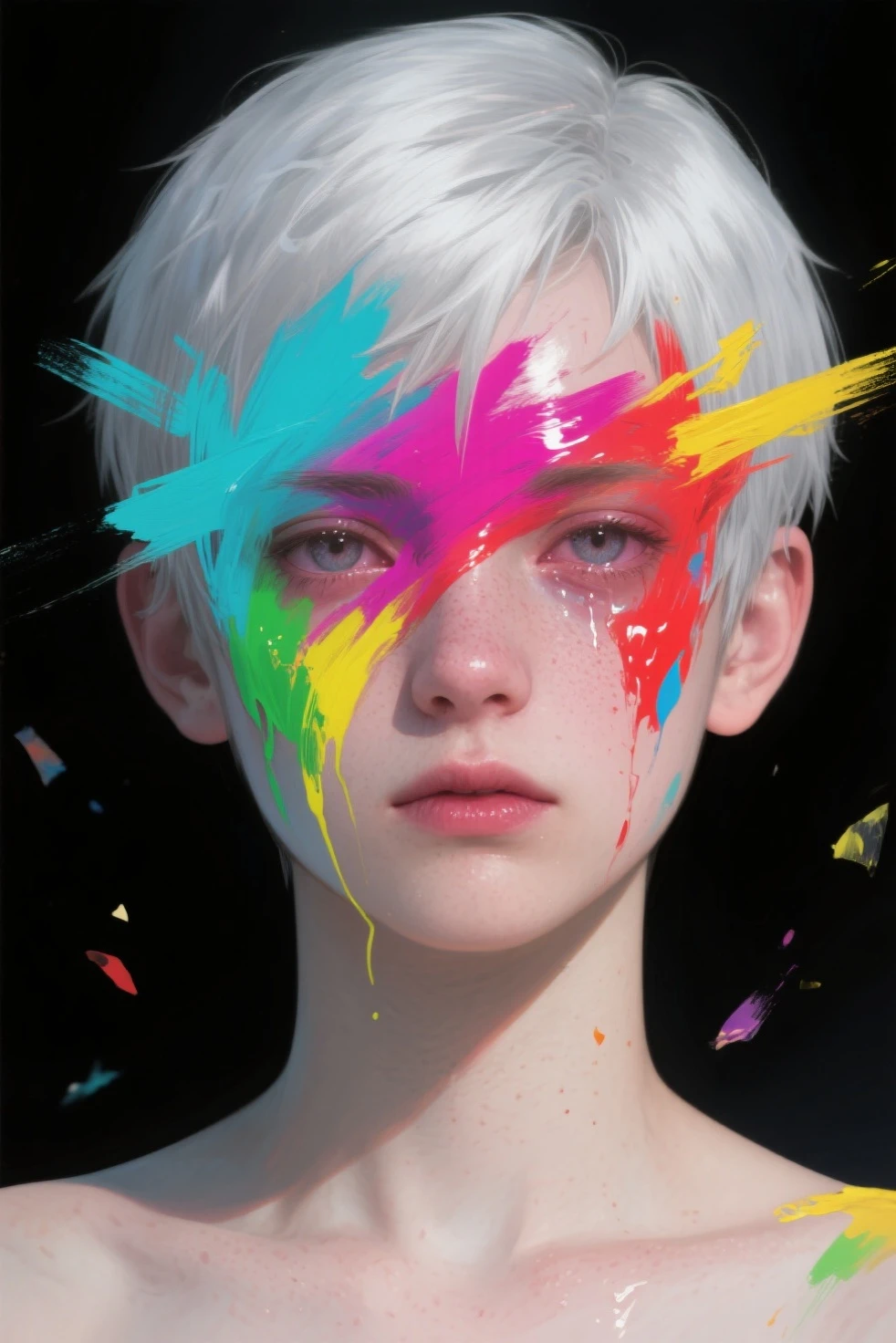 painting of a man with a head full of dripping paint, beeple. hyperrealism, inspired by Sam Spratt, realism | beeple, by Sam Spratt, simon birch, hyperalism, greg beeple, beeple and greg rutkowski, by Andrea Pozzo, artist unknown, beeple and james jean, beams of light 