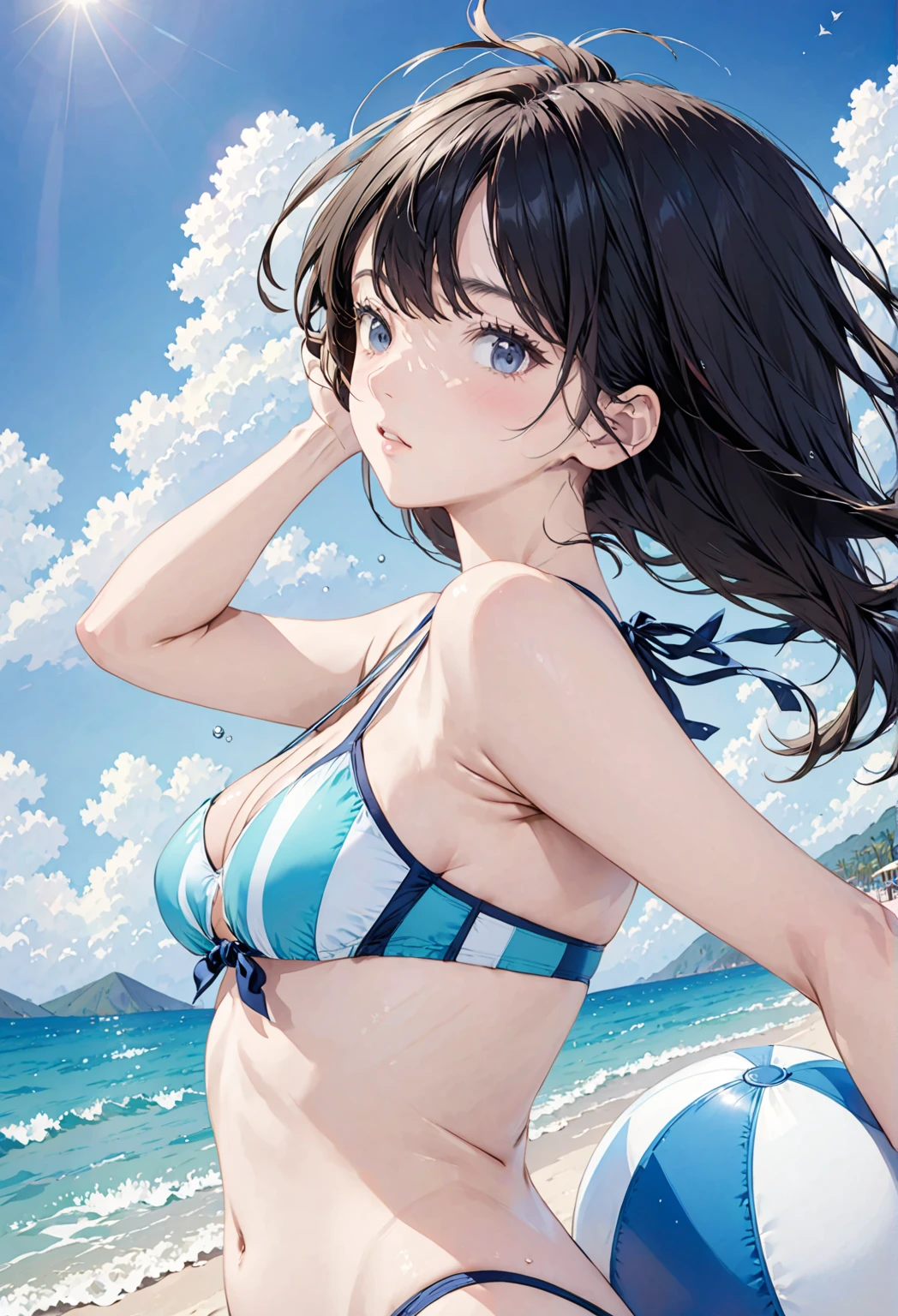 Under the scorching sun,
BREAK
a high school girl in a bikini is jumping on the beach. Her face has a mischievous smile.
BREAK
Waves are crashing, and the water spray is sparkling.