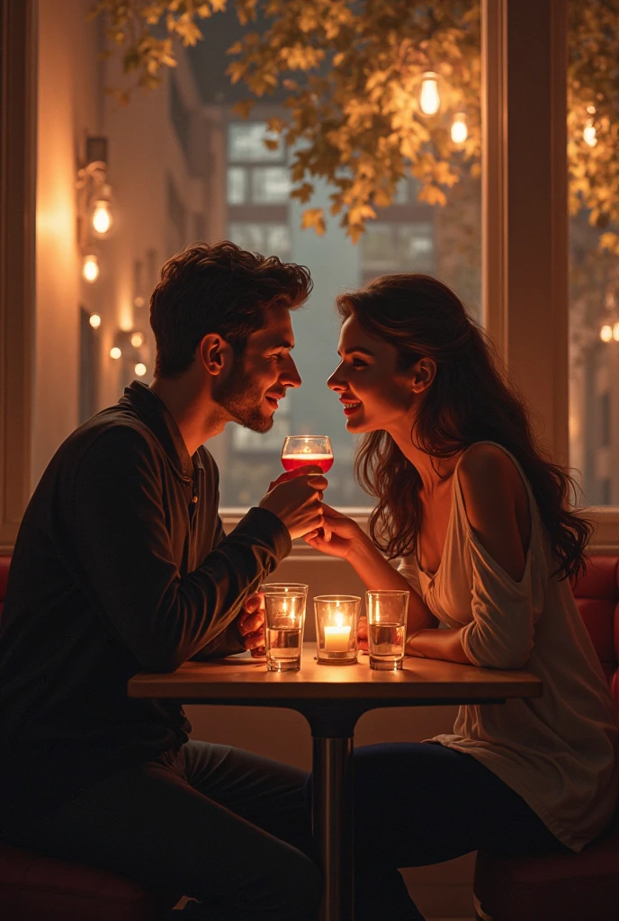 Girl and boy in love in a restaurant 