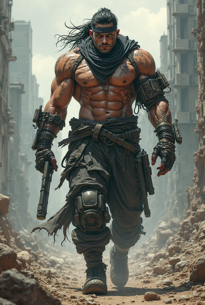 My character has an orange cap and is shirtless, he wears brown pants, a metal mask and a cinel.