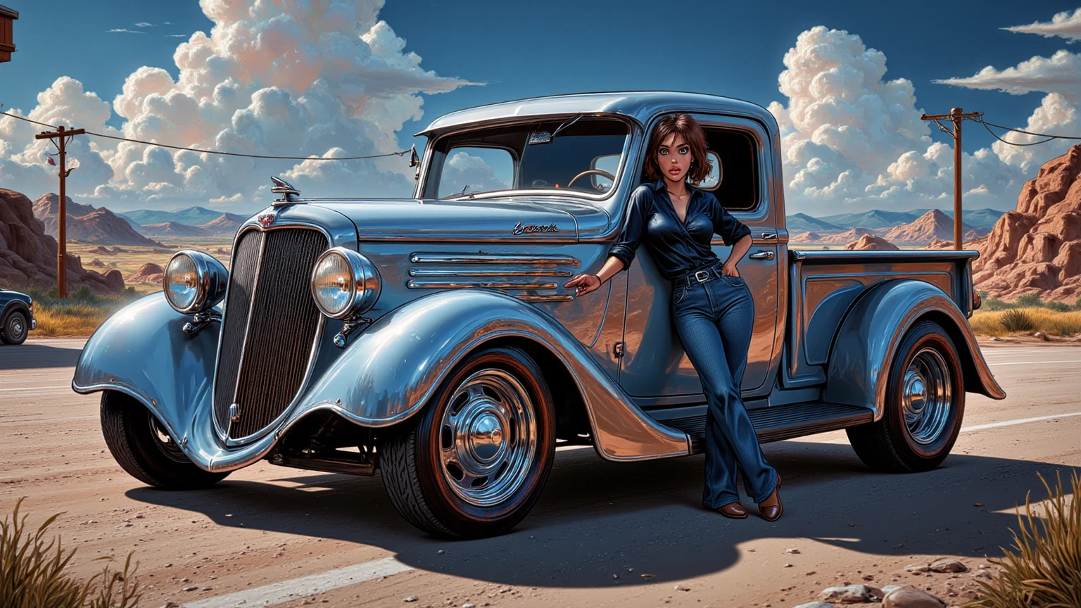 greyscale pencil drawing, classic pin up girl, classic pose, sitting on a old rusty car, 1960 style ::lips in red:: ultra high details --auto --s2