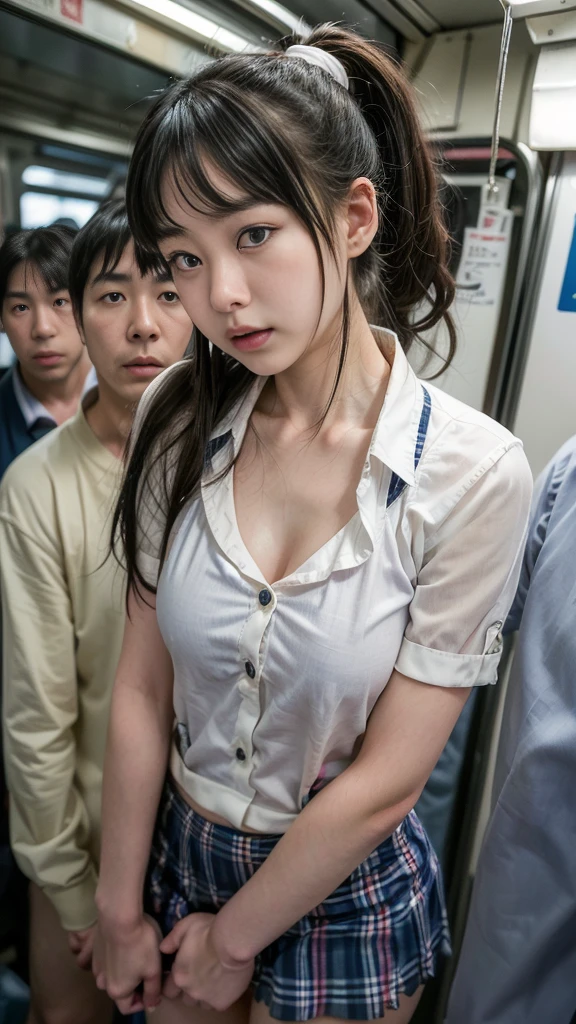 (Browsing Caution:1.3), ((masterpiece)), ((Highest quality)), (Very detailed), ((cute)), cute, (Lovely), ((sexy)), (device), ((Very detailed)), 4K, (8k), Highest quality, (beautiful),  Genuineistic, Genuine, Dynamic Angle, ((1 Girl, alone, cute girl)), ((Office Lady Suits)), ((hyper cute face)), beautiful light brown hair, beautiful black eyes, ((beautiful eyes)), Big Breasts, Embarrassing, blush, ,Hold on to the railing of a train,Underarm, (Underarmを見せる:1.3),(avert your eyes:1.4), (Inside the train:1.3),(Crowded train:1.3),
Upper Body,(White shirt:1.5),
,Alternative Breast Size, Grab your chest, (boy,Grab from behind:1.5)
,(Frowning:1.2), (Embarrassing,blush:1.2),(A face stunned with despair:1.1),Sweat,(anger:1.2)