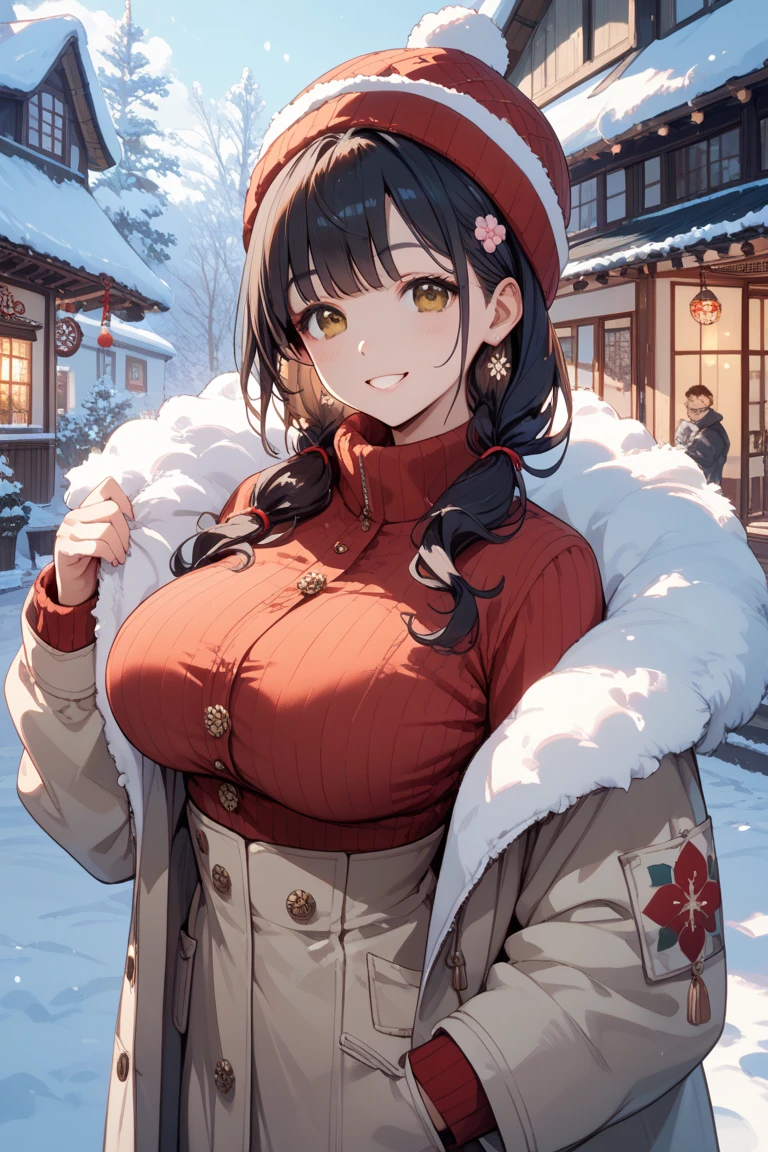 "anime girl, 1 person, dark brown hair, ponytail, ponytail, tied hair, brown eyes, socks, santa hat, winter outfit, red dress, big breasts, blushing, full nude body, snowfall, christmas gift box, christmas, solo, front view, (full HD 4K+ image)",big boobs , see through boobs, open boobs
