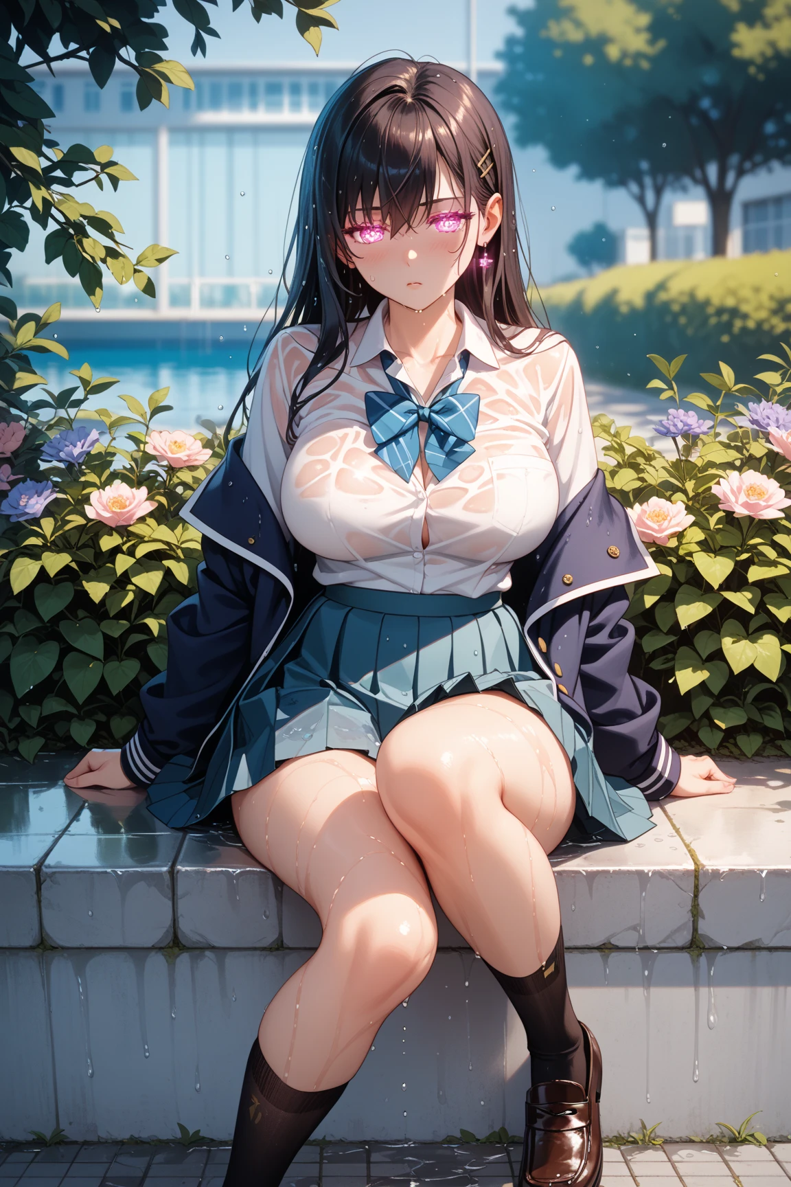 sit in tropical rainforest , steam ,rain, waistband of skirt is at the point above chest , plaid skirt , pleated skirt , Tight shirt , white Shirt , school girl , skirt under breasts , skirt is near breasts area , skirt is adjacent to the chest , (masterpiece, best quality, hires, high resolution:1.2, 4k, 8k , high quality), extremely detailed, realistic, intricate details, highres, 1girl, solo, (large breasts, thick thighs, wide hips), arched back,(cinematic lighting, sunlight, perfect lighting, backlighting), eye-level shot, extreme close-up-shot, looking at viewer, , green skirt nakano_yotsuba_ecsta, blue eyes, orange hair, hair ribbon, nakano yotsuba, short hair, green ribbon, hair between eyes , masterpiece, best quality,   1girl,smile,reisen udongein inaba, purple hair,very long hair, rabbit ears, red eyes,black jacket,pink skirt,necktie, big breasts , big tits  , twin tails hair