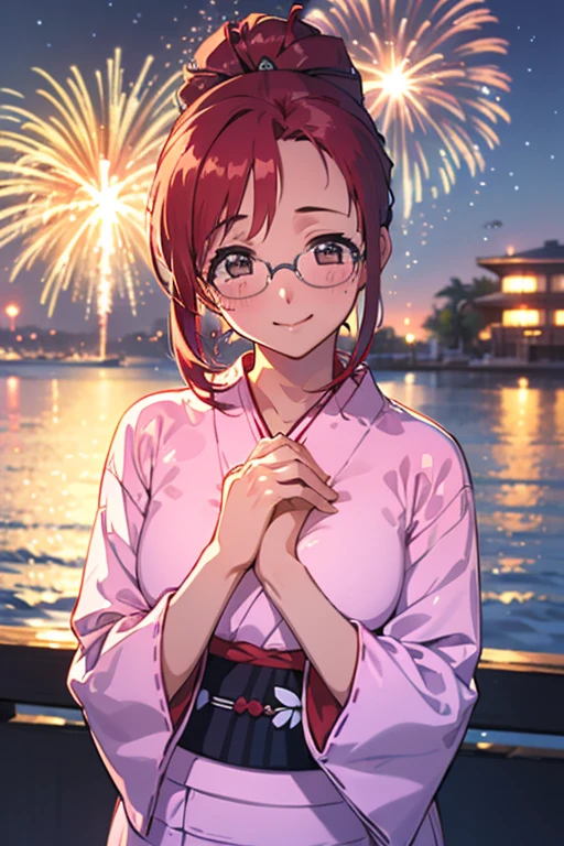 Solo Female、masterpiece, top quality, Hi-Res、break、 ponytail、Red hair、glasses、side lock、(beautiful hands)、fireworks display、(launch fireworks with your hands above your chest)、((Pink Yukata))、Beach、((Hands above chest))、((( heart hand)))