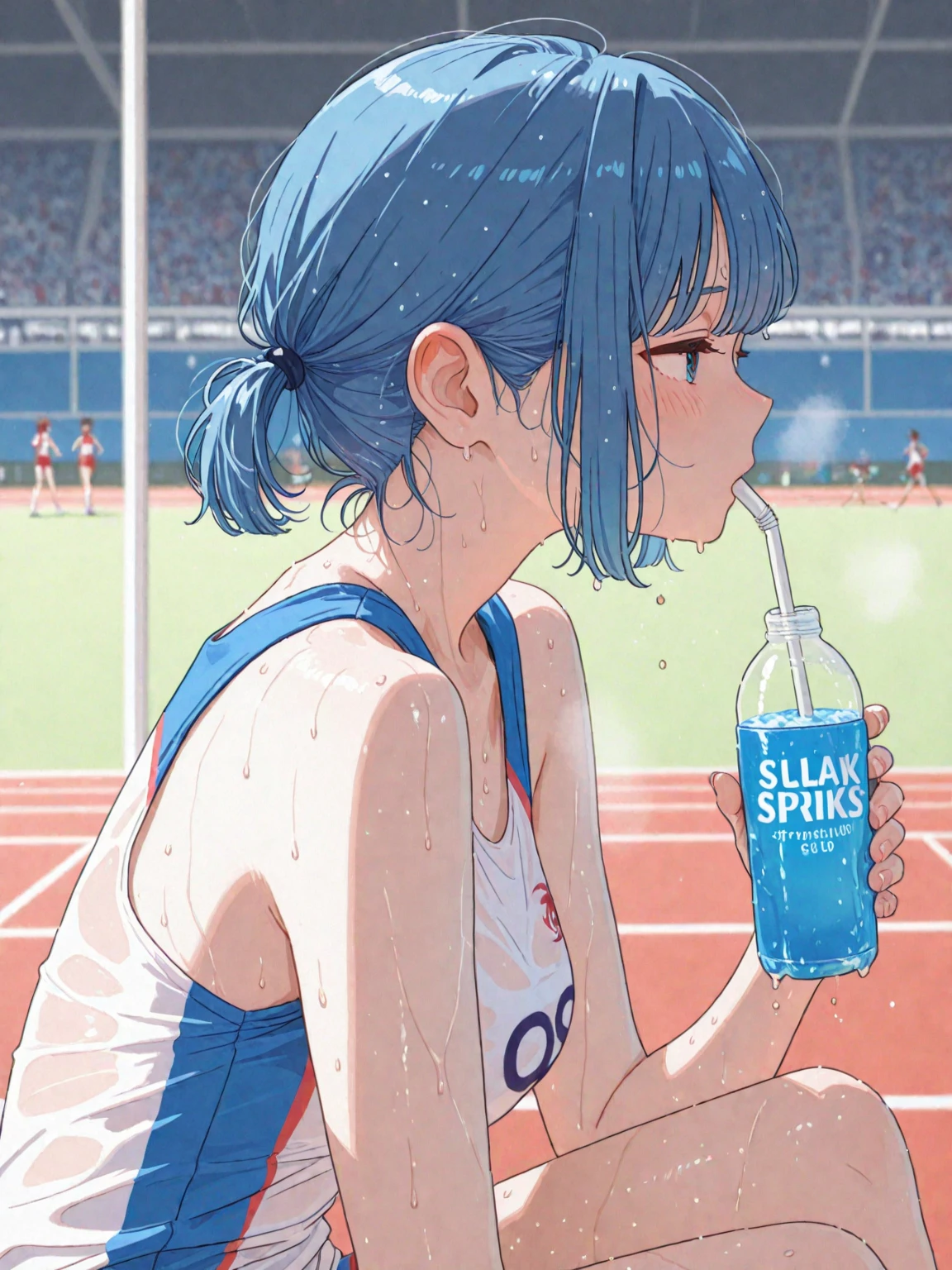 NSFW,masterpiece,Highest quality,High resolution,Super detailed,Star Town Suisei\(Hololive\),Blue Hair,One Side Ponytail,Blue Eyes,Small breasts,Track and field club,Descente Bra Top,Descente One Point Shorts,Streaks,Athletics Stadium,truck,blush,(In heat),Expecting face,(Sweat),Drink