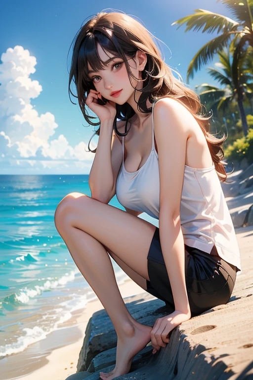 ((Extremely exposed))(High-definition image quality)極Realistic skin texture、High definition face(brown、Very long straight hair、Hair behind the ear、Beautiful moist brown hair、Smooth Hair)((Bright smile))、Gaze(sexyな25歳の女の子、Idol Makeup、Eyeliner)(Fair skin)(Sparkling eyes)Smooth Skin、Realistic skin texture ((Oversized T-shirt、Short length、Cleavage) ((Very short denim shorts、damage、Super tight、small、Ultra low rise、))))Beautiful armpits、On the position of the chest、Round big breasts、Beautiful valley、Ultra-thin waist、Waistline、Long legs、Glitter High Heels((((Seaside cafe during the day、Sit erotically))))(((((Medium full shot from below、sexy))))))Erotic and bold poses、