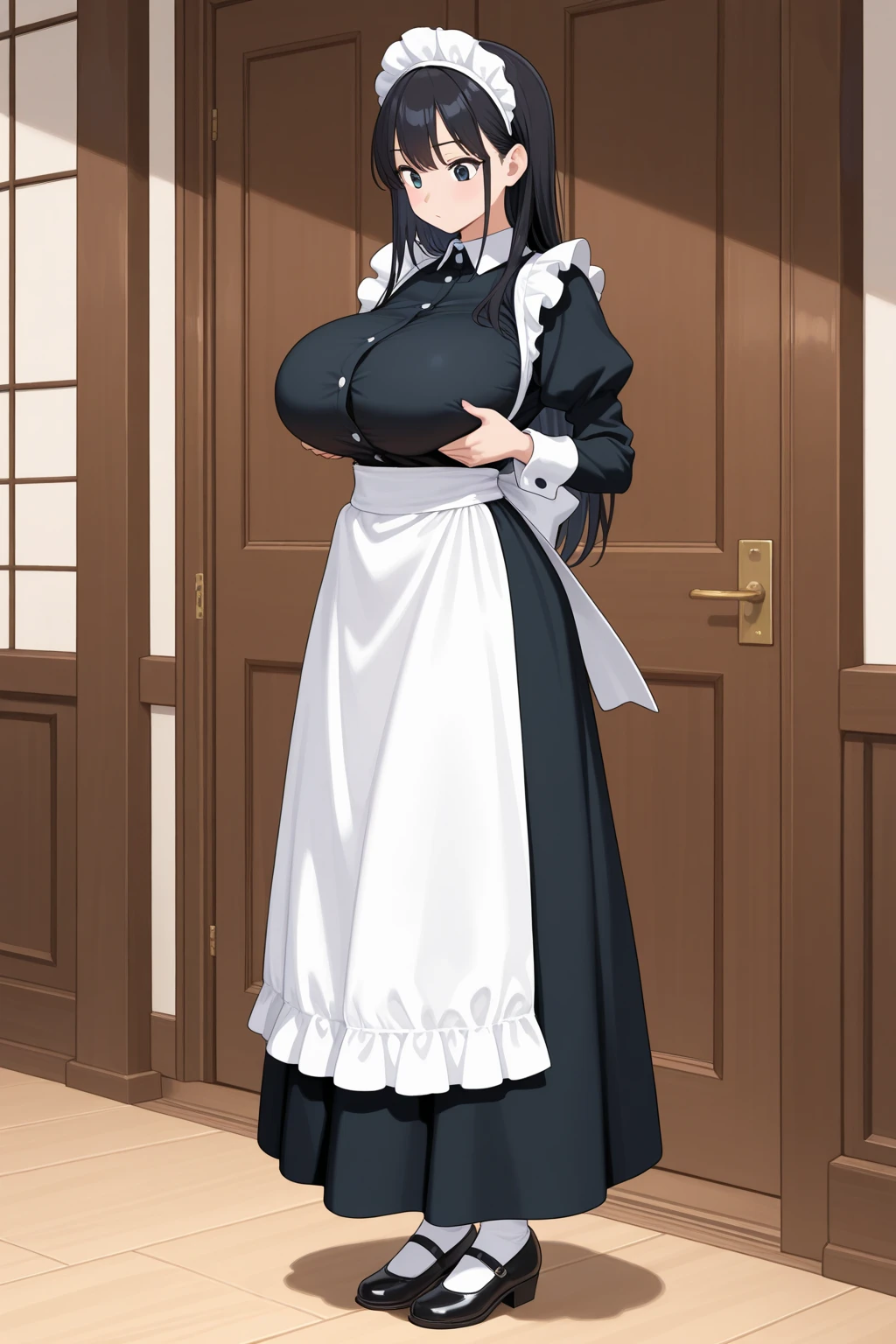 {{masterpiece}},high quality, 4K, 2D, 1 girl,{simple gray background},(attractive mature lady:1.6),milf,standing,sagging breasts,(gigantic breasts:1.5),maid,front face,{{tareme}},attractive mature lady,black hair, {from right in front of face and body},View viewers from front,{front facing shot},Wear glasses,(serious:0.1)