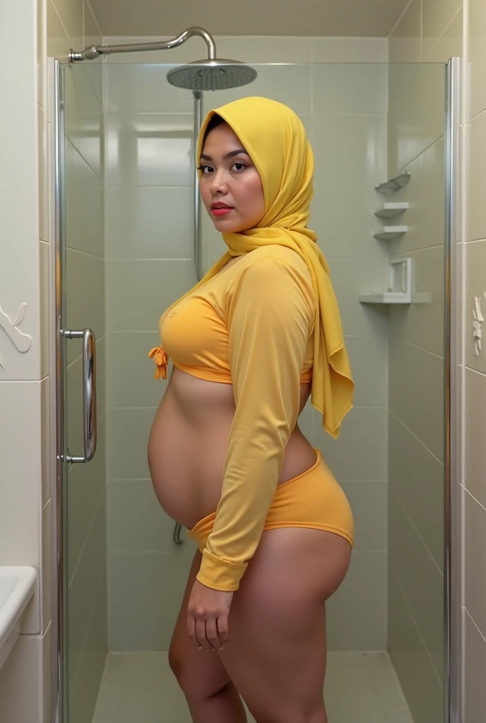 ((masterpiece, Best Quality, High resolution, 32K HDR)), 1girl in, Solo, (Ultra realistic portrait of Malaysian woman:1.3, Chubby Malaysian Woman:1.35, Middle age, 4:1.5, hijab)), ((Cleaning supplies, rubber glove:1.1)), abandoned houses, Messy toilet, Dark atmosphere, Small breasts, Pregnancy Result of illicit relationship with her boss.