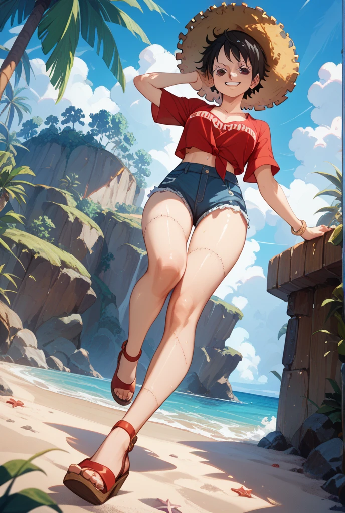 1 girl, red hair, Knight bangs hairstyle, long ponytail, anime style, medium breasts, blue eyes, ((bright pink bikini Bandeau with bow in the center, side bows at the bottom, Sunglasses and wide-brimmed hat, flip flops)), high quality, detailed body, detailed eyes, detailed face, masterpiece, glistening body, detailed body fur, best quality, pale skin, perfect lighting, perfect shadows, perfect eyes, perfect hair, perfect face, gorgeous body, skinny, solo, :3, full body,