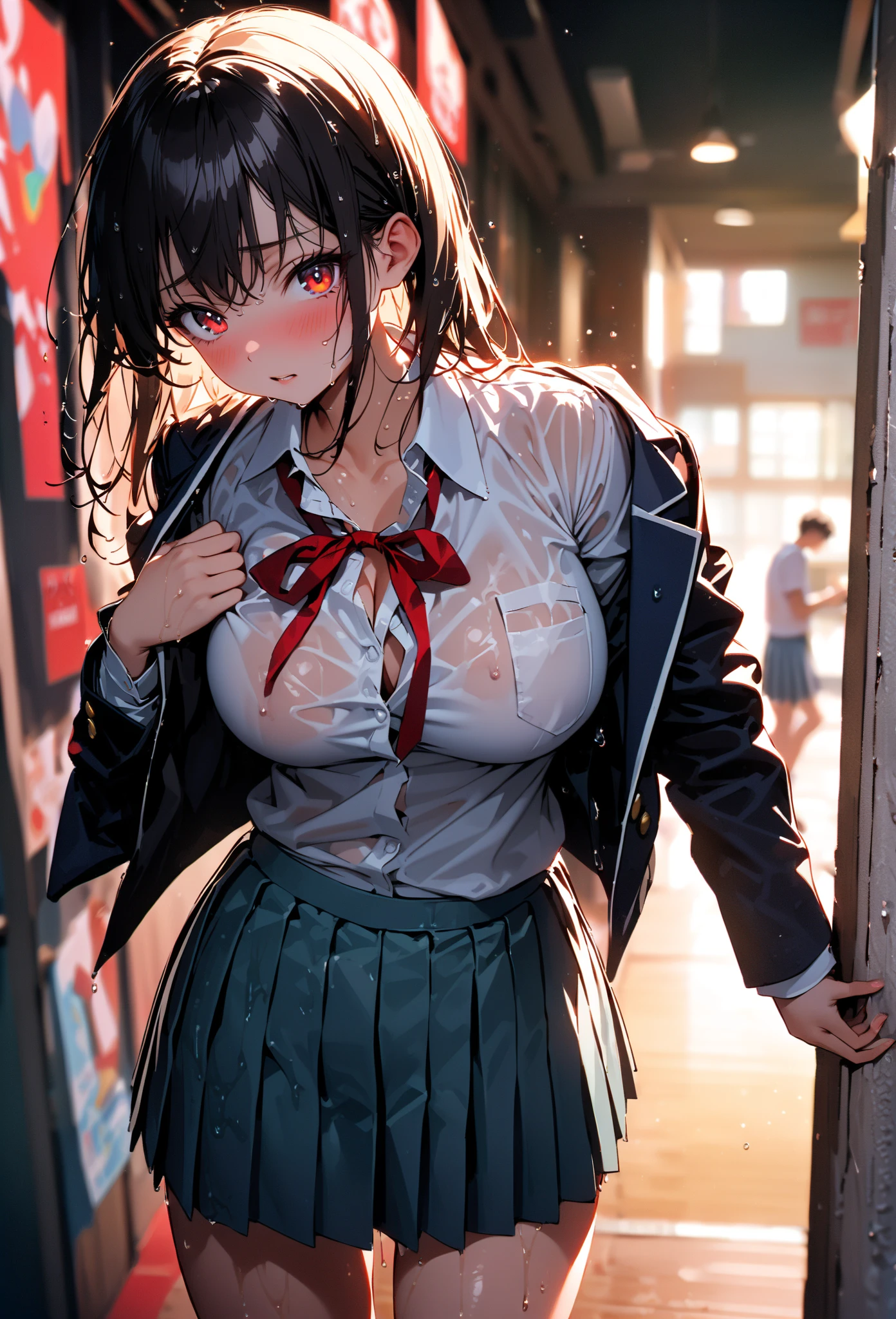 (masterpiece, best quality:1.2), in the bath , honoka dead or alive , skull hair ornament , wet clothes, soaked, wet hair, wet skin, translucent, glistening with oil , dishevelled , solo, 1girl, school girl uniform , steam , plaid skirt , pleated skirt , The shirt is tight. , white shirt , school girl , red bow , red knot , red eyes, intricate, highres, 8k, detailed hair , wet and sweaty , wet white shirt , clothes were so wet that her breasts could be seen , Soak in water , big breasts