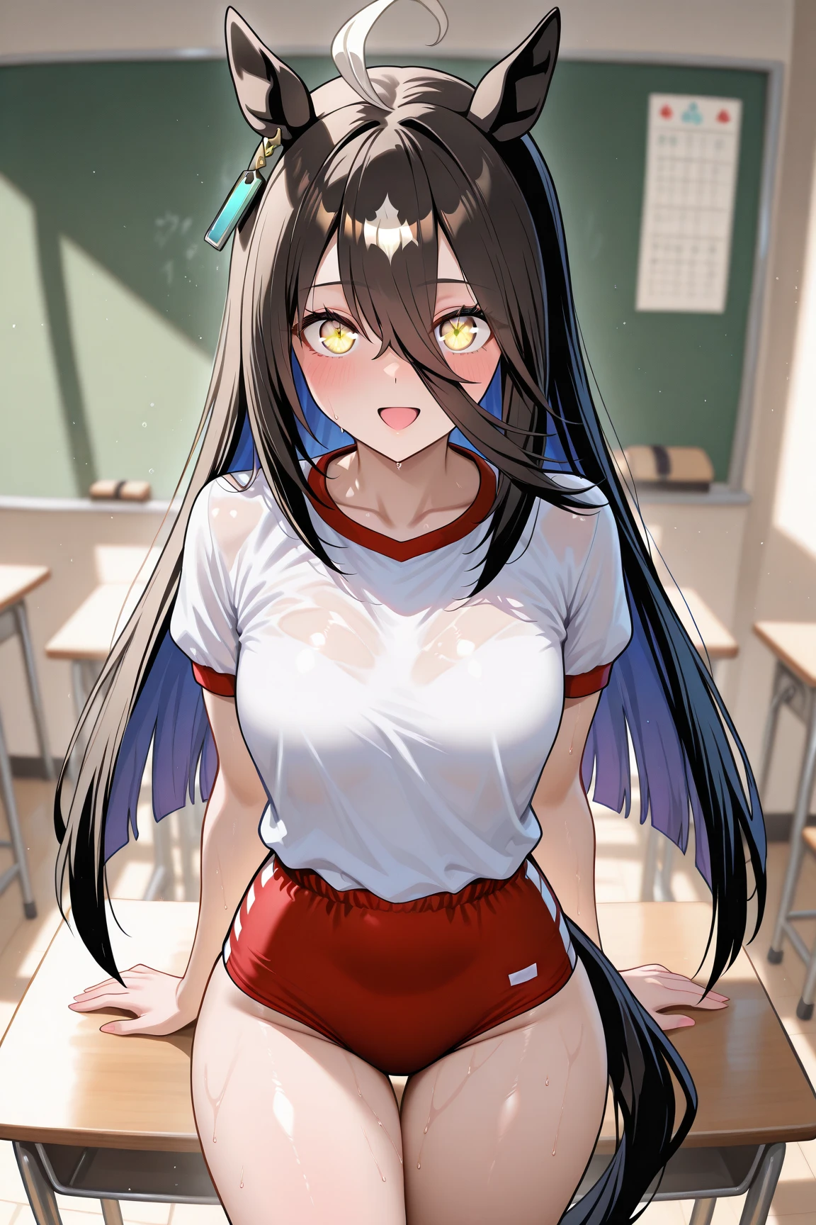 classroom, very long twintails, brown hair, ((Completely naked)), (((flat_chest))),Crab crotch, wide spread_legs, double piece, hands up,