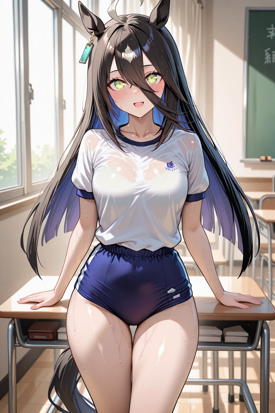 (Masterpiece、high resolution)、(Multiple Girls)、Elementary school girl、8-year-old、Flat Chest、Black Hair、Long Hair、Purple Eyes、Embarrassed look(1 person)Exposed nipples、 Navy blue see-through school swimsuit, school classroom, standing pose, dynamic angle, black gal(Dark Skin:1.2)、(correction:1.1)、(short、small、small:1.2)、Cowgirl、Crouch、Leg spread、(Spread your legs、Open legs、Knee Raising:1.3)、between legs、perineum、Super detailed、Bright colors、Very beautiful detailed anime faces and eyes、It looks straight、;d、Shiny skin、(8k、RAW Photos、Highest quality、masterpiece:1.2)、(Highly detailed 8K wallpapers)、shape、Professional Lighting、Sharp focus、Written boundary depth、