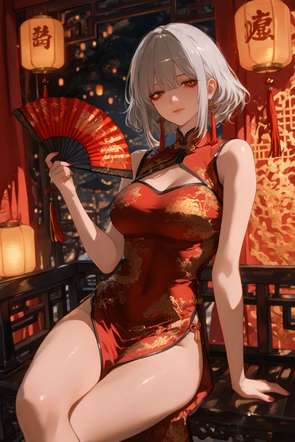 Best quality at best, tmasterpiece, A high resolution, 1个Giant Breast Girl, Chinese dress, hair adornments, choker necklace, jewely, pretty face, above_body, dingdall effect, realisticlying, dark studio, edge lit, two color lights, (highdetailskin:1.2), 8k ultra high definition, SLR camera, gentlesoftlighting, high qulity, Volumetriclighting, Frankness, photore, A high resolution, 4K, 8K, bokeh, medium,