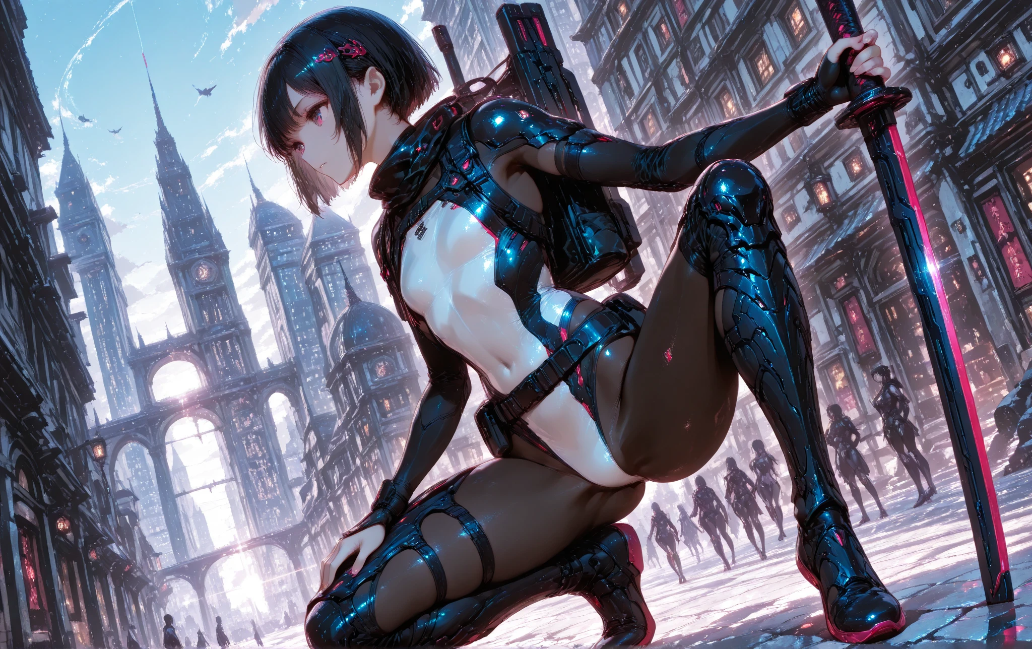 (1 mature female ninja,Age 35), ((Pub,guild)),(smile),Dynamic pose,Dynamic Angle,Pose for a photo,From below,Elderly woman、Trading Card Game Frames、Highest Rare、Five Fingers、Signature mark、Big Butt、Black Hair、Fighting Pose、Ninja costume、Full Body Suit、kunai、Japanese style cyberpunk、A ninja running through a modern city、Short Hair、Fox Mask