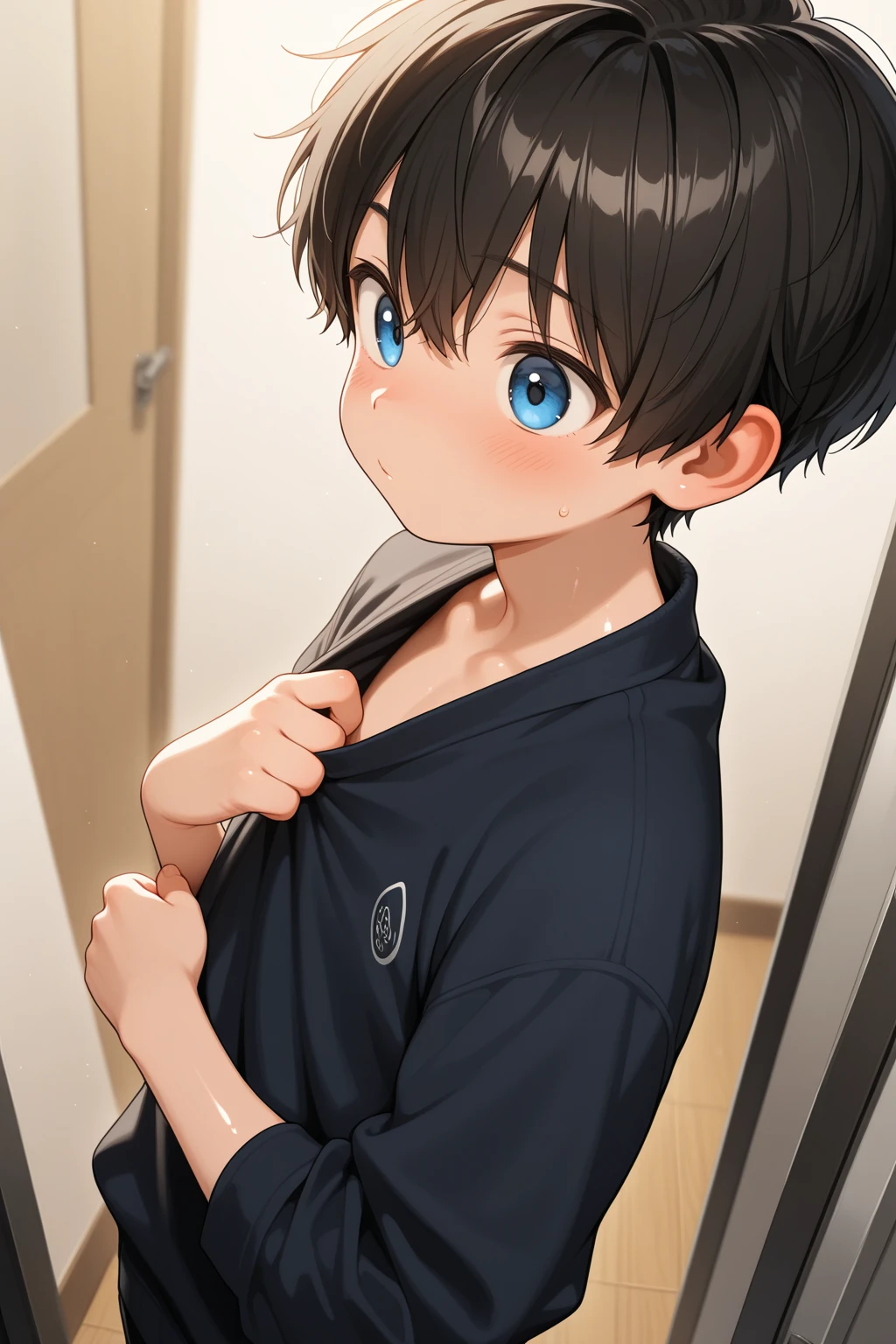 Highest quality、Realistic、zoom、man、cute、Grey Eyes、Light brown hair、short hair、Upper body naked、Light blue briefs、thin、smile、Bedroom、Cowboy Shot