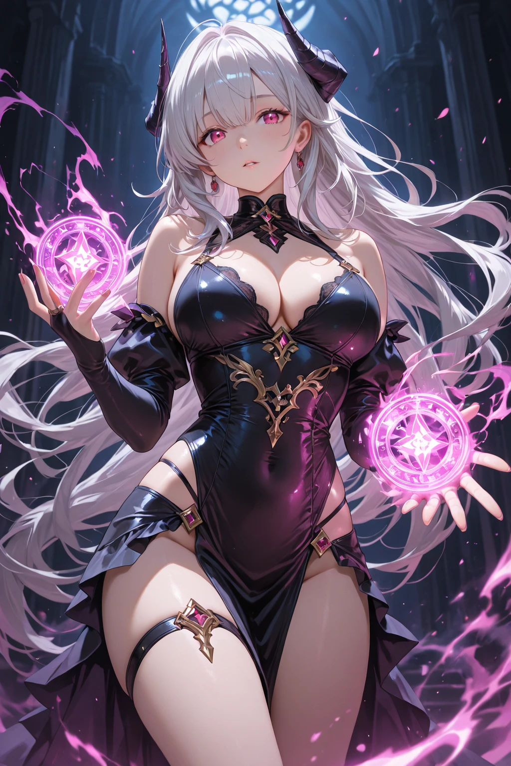 (masterpiece), best quality, expressive eyes, perfect face,Downy,extremely Coloring,Colouring,lady,a mature female,Purple and black dress long dress,Beautiful black dress,Huge ceiling,(Blonde hair, wavy hair),Black Lence socks,Stiletto Sandals, Pink starry sky,Normal posture,Normal posture,smiles,eyepatch,(huge breasts 1.5),(thigh gap 1.5),cleavage,smiles,necklace,bracelets, bangles, eyeshadows, eye liner,glistening eyes, hyper detailed eyes, intricate eyes, beautiful eye, ((glowing green pupils))、((black wings:1.2)),seductive pose