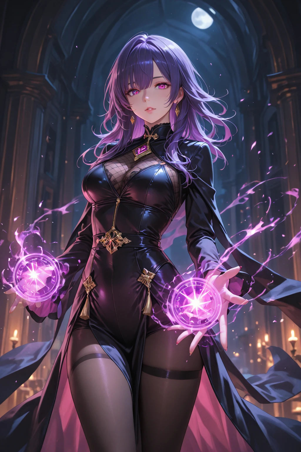 A girl with dark purple hair wearing a black dress made of scales, she has electrical powers and is holding a glass of red wine