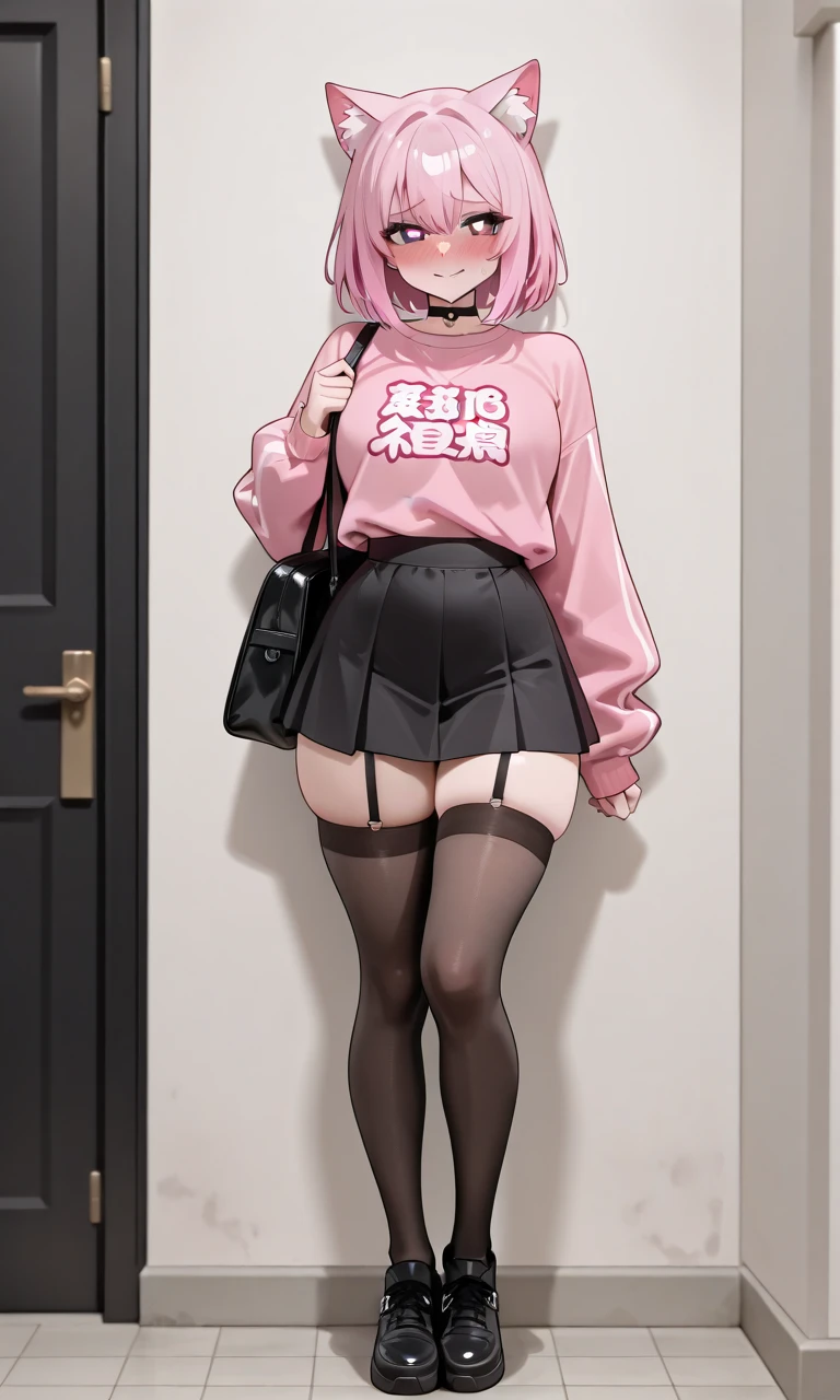 Girls with short hair and black hair,Shy,blush,Turquoise sweatshirt,Pink skirt,White knee socks,Black boots,Classroom scene,For the audience,Standing