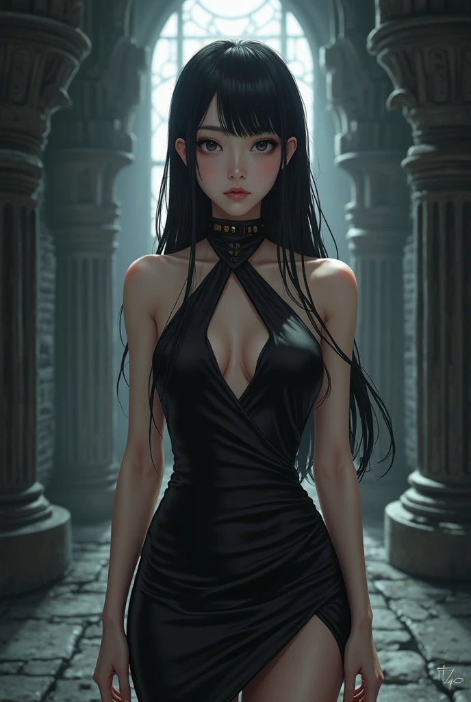 A dynamic view of a tall young woman with a slender and busty frame. long, straight, black hair reaching her mid-back with short bangs framing her forehead in a more elaborate updo formed from braids wrapping around her head and upturned red eyes. a form-fitting halter-style black dress that shows off her shoulders and chest, with a rose choker and a red rose pattern on the inside of her skirt. The front of the skirt is mid-thigh length, while the back reaches below her knees. She also wears a pair of black thigh-high boots with a rose symbol at the bottom of their sole and black fingerless gloves. The headband she wears is gold colored with a rose and two spikes on each side.