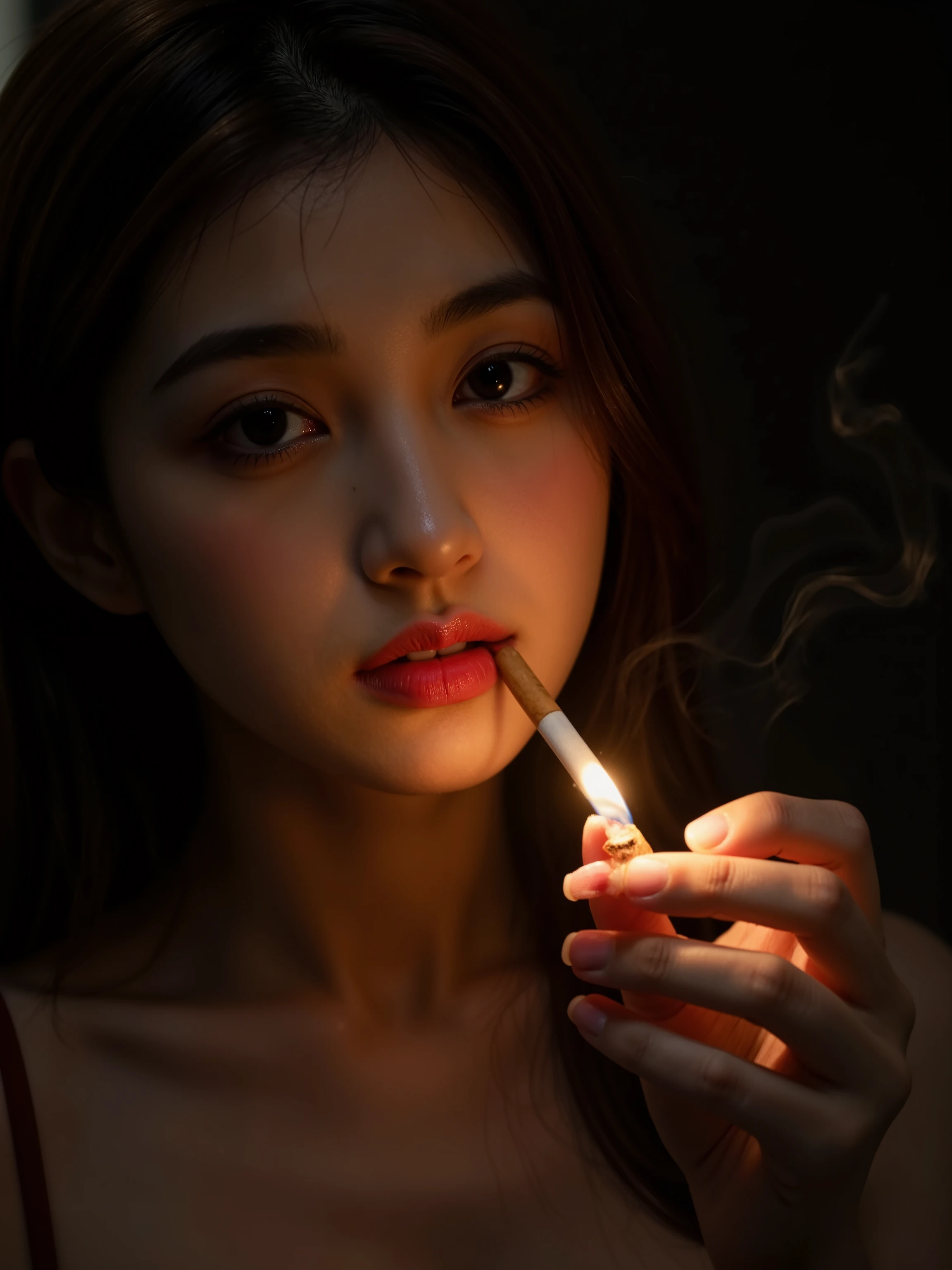 A close-up portrait of an Asian woman's face illuminated by the orange glow of flames dancing at her fingertips as she lights a cigarette held between her lips. Wisps of smoke rise from the cigarette tip against a dark, shadowy background. The woman's facial features are partially obscured by the dramatic shadows and smoke, creating a mysterious atmosphere. The lighting emphasizes the interplay between the warm tones of the flames and the deep shadows surrounding her. Professional portrait photography with dramatic chiaroscuro lighting, shallow depth of field, and sharp focus on the subject against dark background.