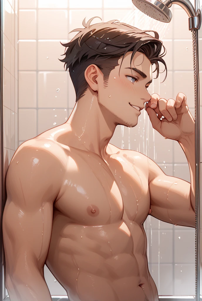 (masterpiece, Best Quality),The whole body of boy,(younge boy),teenager face,Rear view,Body tilt,delicate big eyes,Open your eyes,,smooth and delicate skin,Short square face,Surprised expression,infancy,young age,short round face,Flat chin,finely detaild face,well-muscled,short bright black hair,with an intricate,nakeness,(backbone:1.2),the night,vivd colour,(depth of fields:1.2),a boy taking a shower,Raised sexy,shower room,rain