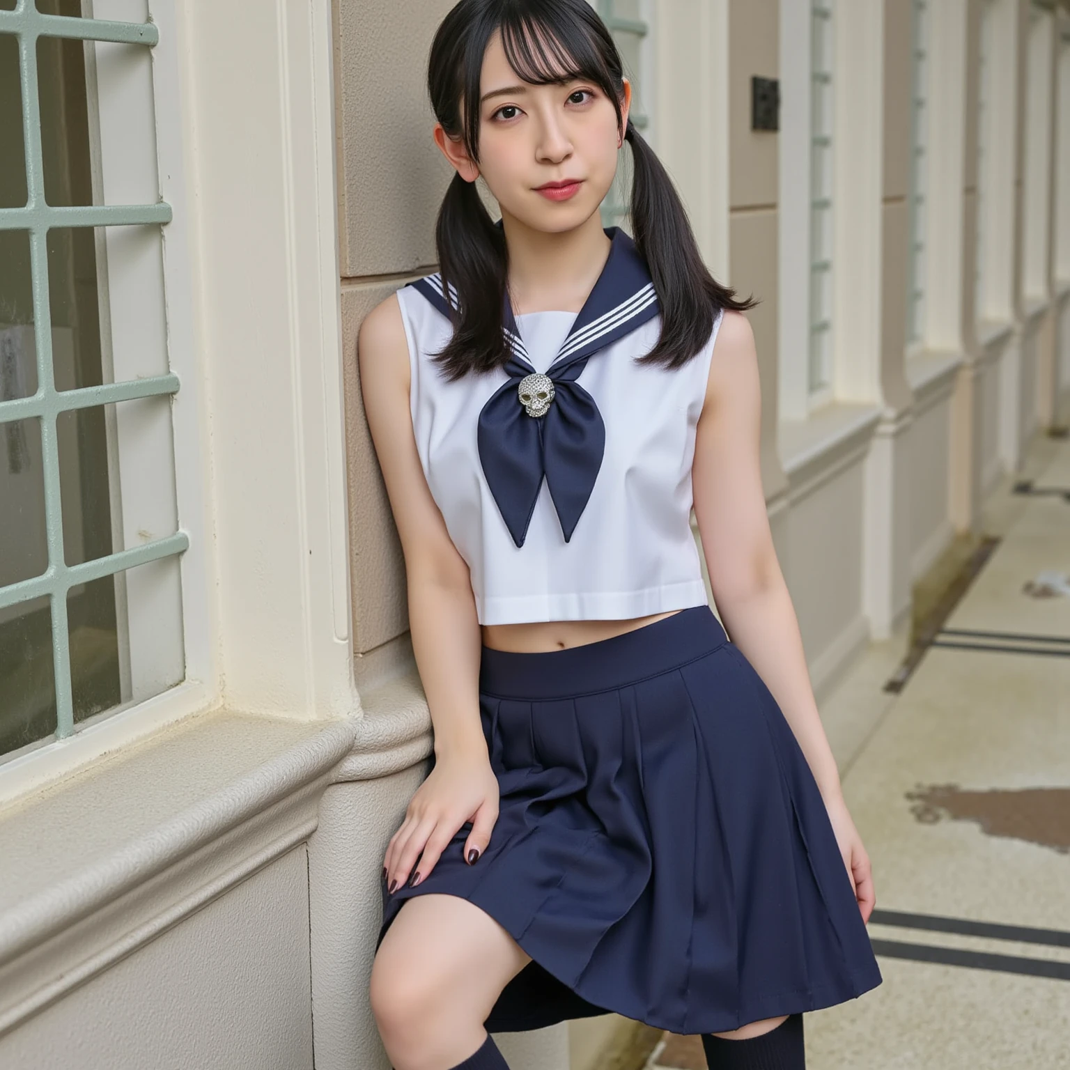 High resolution、High level image quality、8K、real live action、RAW photography、highest quality、masterpiece、table top、erotic、student、pink good,white skin,knees,(黒pantyhose),Detailed panty pattern、panties focus、pink panties、small panties、absurd,small face、huge breasts、前hairを真ん中から分ける、I can see the forehead,(cold look<きついeye,glare,bullish,thin anger)、masterpiece,highest quality、Super high resolution,RAW photo,Len,beautiful feces,one person, solo,dark look,small breasts,whole body、very nice、JK uniform,high school girl,japanese woman,standing,（Photoreal：1.37）、photon mapping,light blue ribbon,realistic、かわいいsmall face,茶色のeye、black socks、22 years old、(red bow tie)、radio city、物理ベースのLenダリング、Qianfang、Depth of bounds written、blurred background、picture,the girls、body,beautiful feet, long legs, thin legs,long bob cut,(前hairが見える), hair, lips, green_eye, nose soft,(pink shirt), (navy pleated skirt), Navy blue uniform jacket、White Sweater Vest、kneesが見える,thin clothing,, thigh, black cotton socks,Nogizaka idol, actress, japanese id、キラキラしたeye、glossy lips、I can see the legs、low angle shot from below、pantyhose、standing position、standing on the walkway