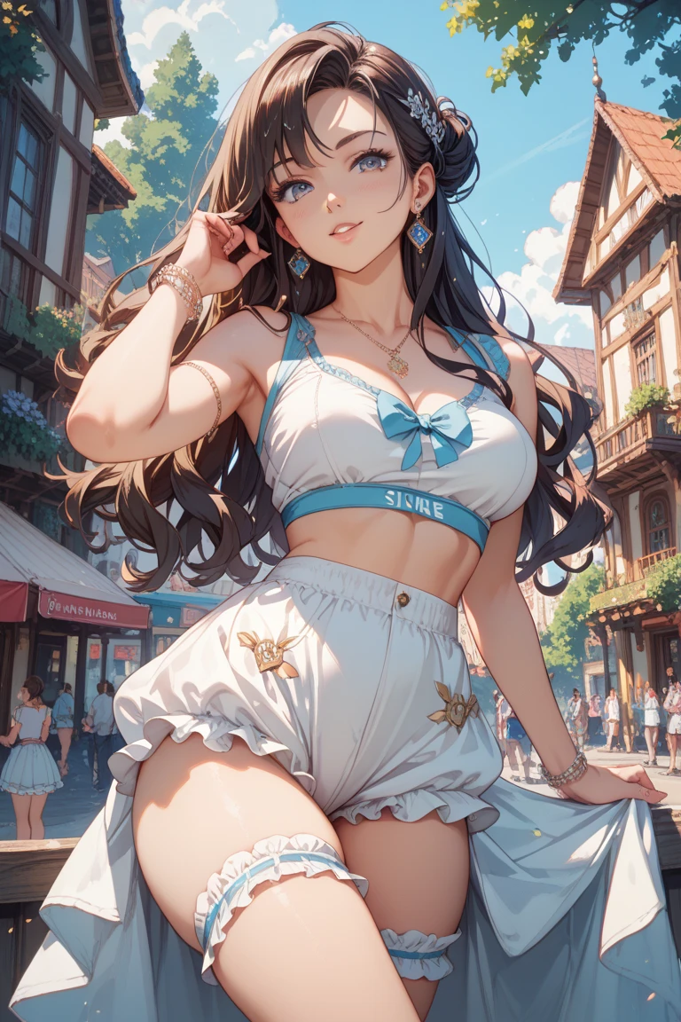 (1teenager), (19 years old), (wavy dark brown hair), (light brown skin), (grayish light blue eyes), (body with wide hips), very happy look, basket suit, (medium length hair) 、(hair up)