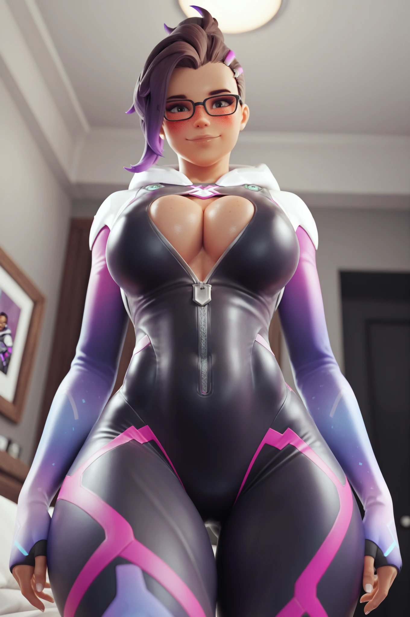 3d render,professional 3d model,XenTAI-pos,at distance,cowboy shot,posing,flirting,(playful gaze, smirking:1.1),1girl,<lora:Character_-_Mei_from_OW_by_FugTrup:0.7>,fugtrupmei,black-framed eyewear,glasses,hair ornament,single hair bun,gigantic breasts,sagging breasts,wide hips,thick thighs,chubby,voluptuous,
<lora:A_Dva_Cosplay:1>, xdva,d.va (overwatch),pilot suit,bodysuit,skin tight,facepaint,headphones,whisker markings,facial mark,