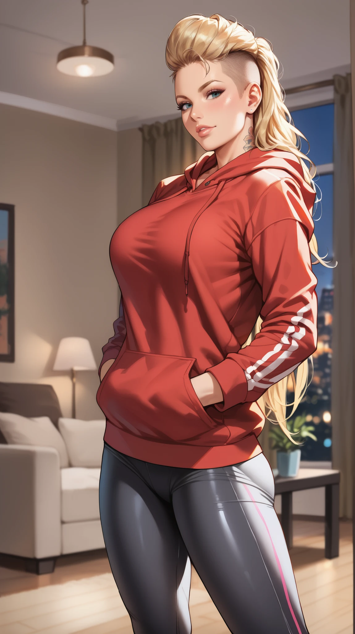 Beautiful round medium breasts, 1girl, ((Blonde hair with beautiful long braid)) ((wolf girl, cute girl face)) light eyes, has an beautiful sensual body with freckles, with full breasts and thin waist, HIP HOP Beautiful and cute red hoodie, tight black yoga pants fabric delicate, has a bold appearance. young, quality, realistic, best quality, cute expression, pink lipstick lips, Cute smile,in a gym