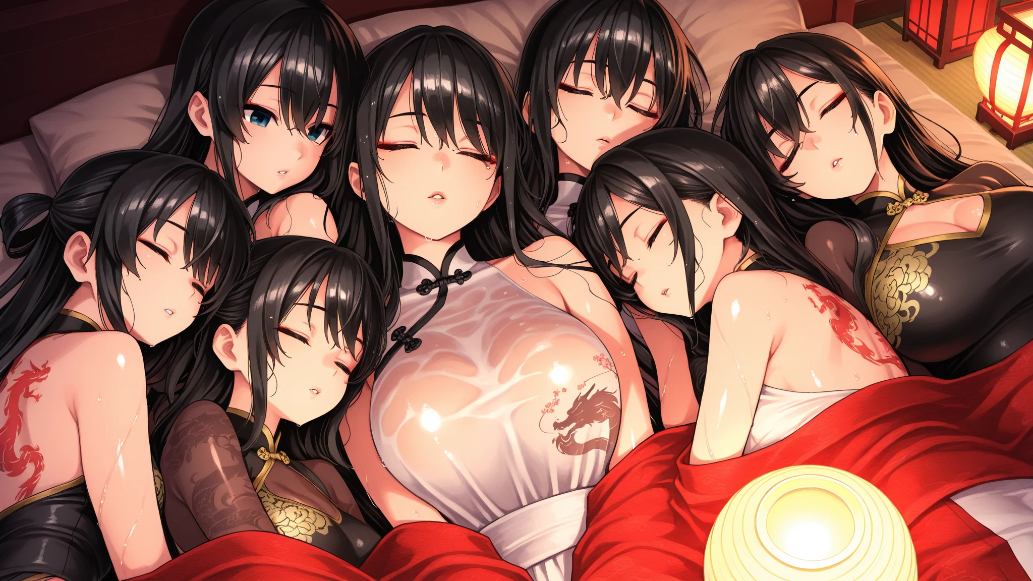 highest quality、one beautiful woman、beautiful big breasted woman:1.5、straight hair woman、(brown haired woman:1.3)、(((A woman wearing a torn red cheongsam-style leotard:1.3)))、(((a woman&#39;s breasts are exposed:1.3)))、bare hands、barefoot、Superior hotel、dim Japanese room、mattress、night、nsfw:1.5、(((Woman surrounded by five naked muscular men:1.5)))、(((men hugging women)))、((men and women having sex:1.5))、(((A man moves his leotard&#39;s crotch area and inserts his penis into a woman&#39;s pussy.:1.5)))、(((The woman is crying out in pleasure:1.7)))、(((A woman panting with acme:1.7)))、??????、gang rape、(((rape:1.5)))、(((The woman's body is covered in semen:1.5)))、Semen is pouring into a woman's、sexual torture:1.5