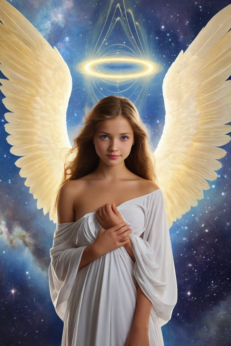 shoot from front, looking straight at viewer, from above:1.2, beautiful toddler girl angel, gentle smile, big eyes, blonde, A neat dress with sleeves that hide the chest, Angel wings on the back, Shining space background with many sparkling stars, Prayer-like pose, photorealistic