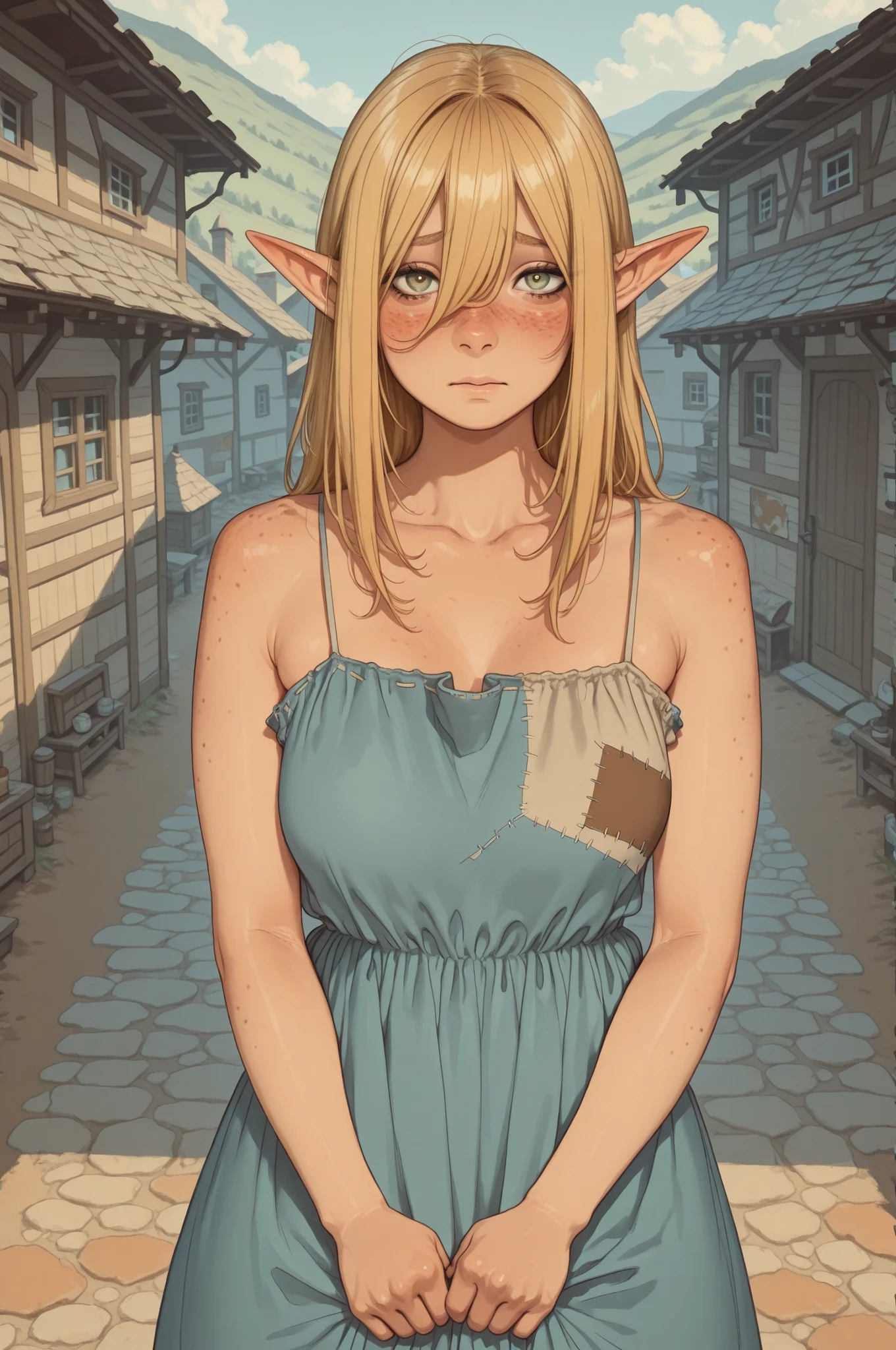 1 woman, blonde hair, long bangs, elf ears, light skin, freckles, voluptuous, patch dress, hands on the hem of the dress, village background, look at viewer, shy, looking from above