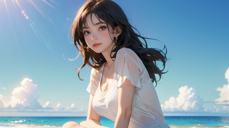 (8k, RAW photograph, highest quality, masterpiece:1.3),(Genuine,photograph:1.37),(Looking at the audience:1.331),Pause,Beachfront,Morning view,sunrise,sunny,One girl,とてもbeautiful顔,small,Hair weight,Fluffy hair,Random representation,Smile with the corners of your mouth,Big eyes,highest quality Hair,((highest quality)), ((masterpiece)), (detailed), whole body、wallpaper、Attention to detail、Perfect balance、Tight waist、Light brown hair、beautiful, Beautiful Skin、beautiful white skin、(masterpiece:1.3), 一眼レフphotograph、Best image quality: 1.4, Soft bust、Cleavage:1.4、Loose, lightweight knitwear,20-year-old