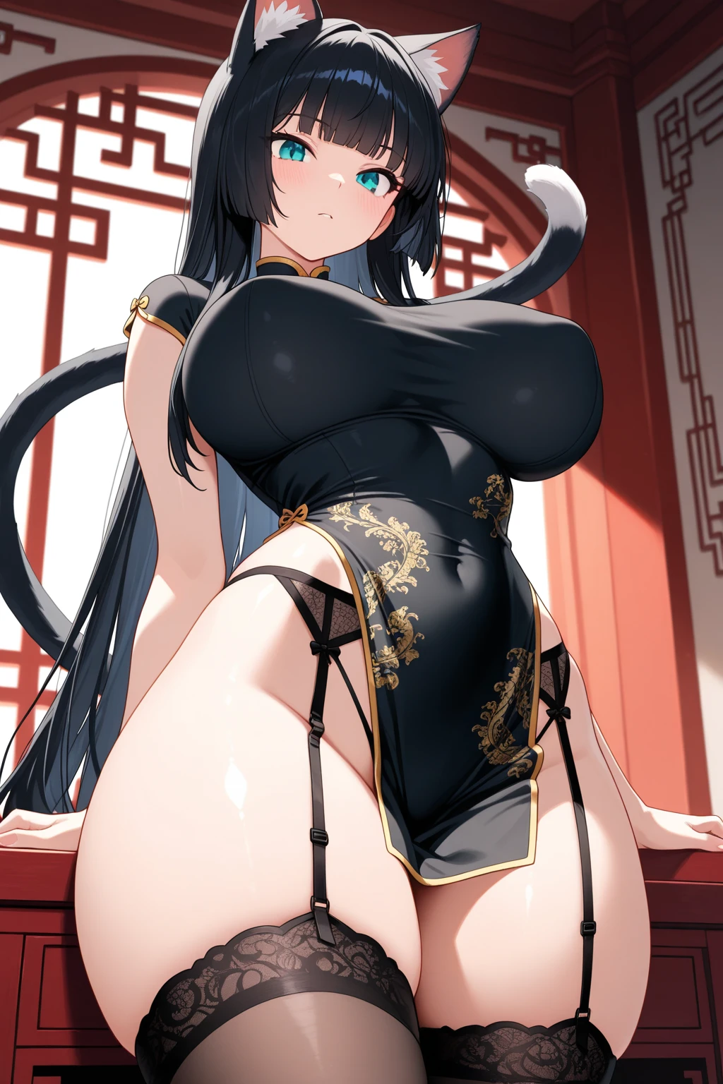 anime (mato seihei no slave), female Adult , sexy (very big tits), actress (Taikyoku), White long hair extending passed her back, lipstick on her lips, black tattoo in the middle of her forehead under her hairline, in addition to jagged markings underneath her slitted eyes. She adorns Japanese attire, resembling a kimono much larger than herself, to the point that it touches the ground, with a hair ornament that ties her hair in the back, She is in a monster dungeon. 