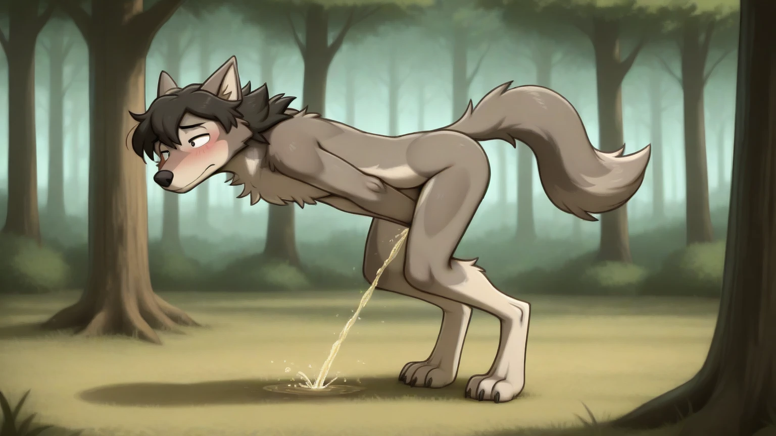 score_9, score_8_up, score_7_up, score_6_up, score_5_up, score_4_up, rating explicit, source furry BREAK
art style by DAGASI, (by thebigslick, by silverfox5213:0.8), (by syuro:0.2), zoologist, 1 girl 1 boy, hetero, (Wolf, Cub, canine pussy, Grey fur, Vulgarity:1.4), (animal genitalia, Detailed ass, Detailed fangs, tail:1.3), (half closed eyes, Yellow Eyes, (afterglow, Ahegao, (spoken heart)), Tongue hanging out of the corner of the mouth, Drooling, Heavy breathing, Hands in front, Lying down, Spread your legs wide, Pad), (Fluffy beautiful fur, Sweaty, canine pussy, Vaginal penis, pussy cum, make pussy squirt, Missionary position, mating press, Deep vaginal insertion:1.4), (Human, silhouette, disembodied penis, Detailed penis:1.3),
forest, Lots of trees, Sunlight filtering through the trees, Detailed Background, Look up, character focus