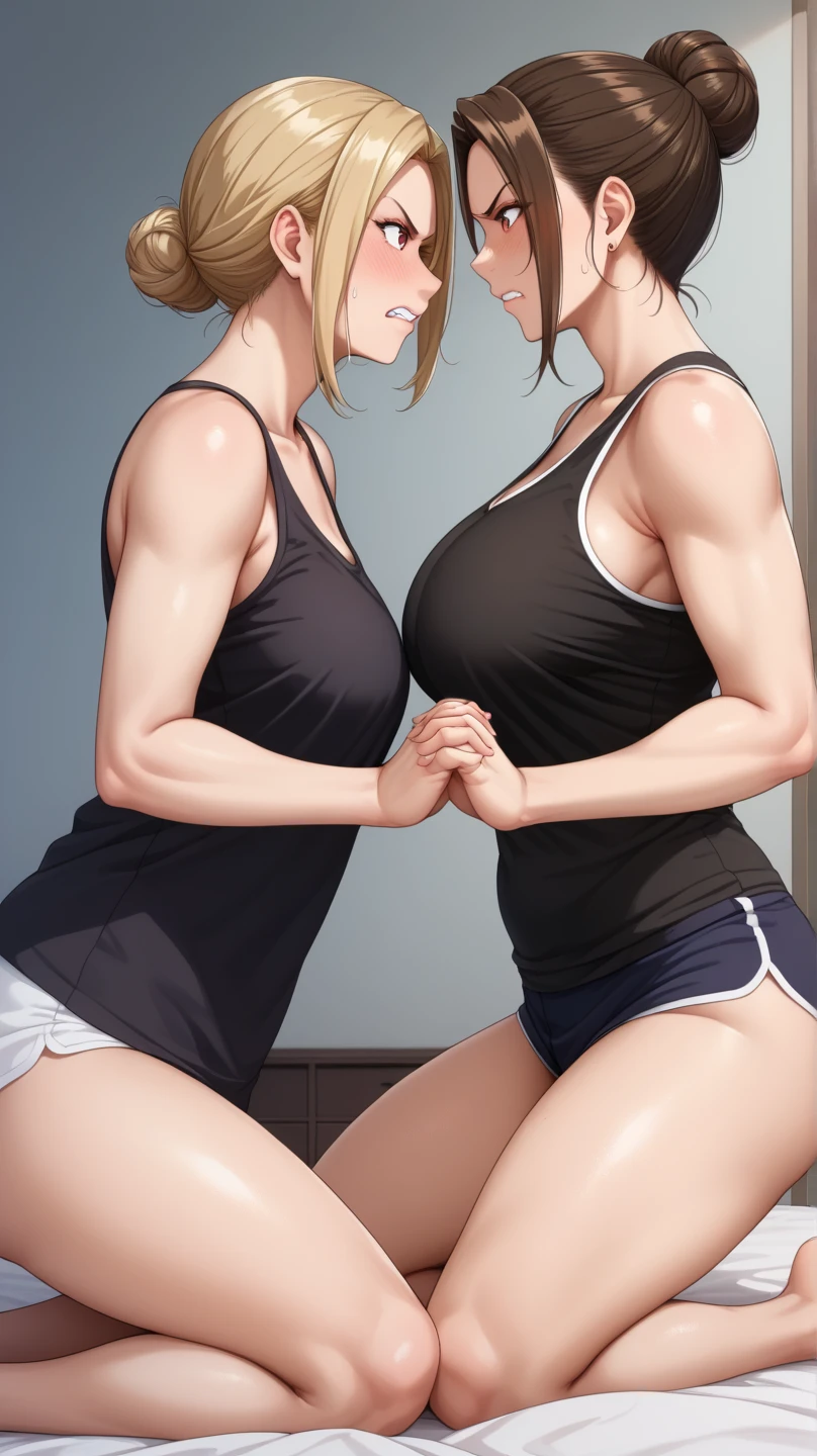 (Handsome female teacher.2.Well-proportioned face.Dark, tanned skin.Tall.Very muscular and slender body.Beautiful six pack abs.Big eyes.Pure white hair.Boyish short hair with a center part.I can see your forehead.Heavy eye makeup.Dark lipstick.Tight waist.Very large breasts.Very large breastsの谷間.Beautiful light pink areola.Glowing skin).(Leopard print tank top.Shorts.I have a lot of piercings.).(2 Beauty.Gym.Two people hugging each other.Kissing.Her cheeks are bright red.)Perfect Face.Accurate human body.Accurate 5 fingers.High resolution.It's dynamic.Only the upper body is visible