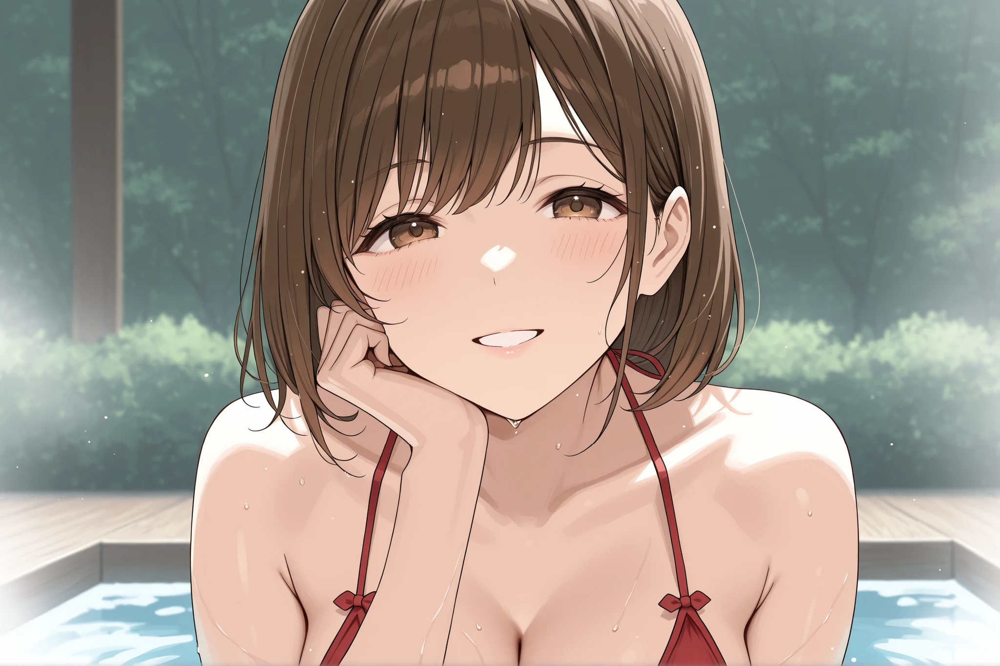 ((NSFW)),((((1 boy and 1girl are having sex)))),standing doggy, hug from behind、raise your arms、Poolside、25 year old beautiful woman, I'm half Russian and half Japanese、i have super white skin、(((Risque micro bikini)))、small breasts、( messy brown short hair),she has very nice skinny legs, sexual climax, ,heavy breathing, make cheeks red,body is wet、((small breastsに射精))、sexual excitement
