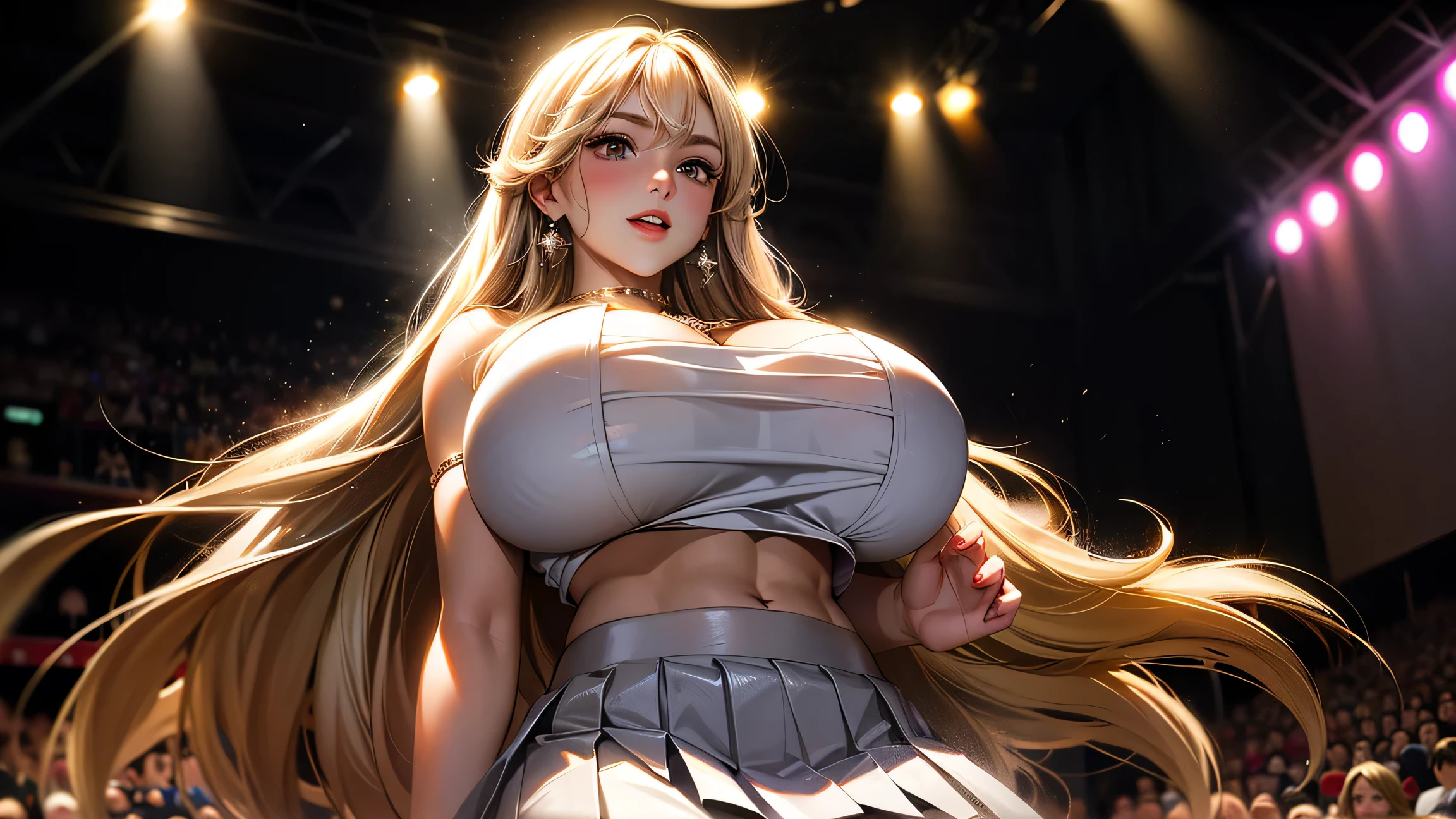 American Beauty, Blonde long hair, Abdominal muscles,  Looking at the audience, leggings, super Huge breasts, Super-sized reality, Charm，necklace，Hollywood， Earrings， Super star, Detailed face,  (StableDiffusion), Radial Lighting, Depth of written boundary, Low Cut， Huge breasts，mini skirt，Very young，Happy，White skin，performance，Light，strong，Tall woman，Mature Woman，Mature charm，skirt，Noble，Charming curves，Fishnet tights， Huge breasts， Charm，Facing the audience head-on, masterpiece, 最high quality, high quality, High resolution, ((In the cave)), Upper body portrait