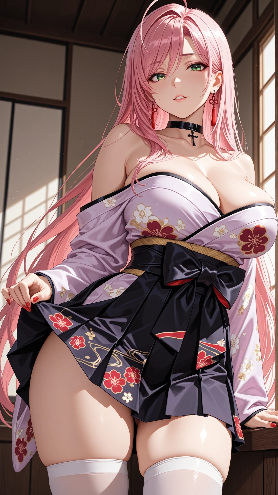 PERFECT MASTERPIECE, EXTREMELY DETAILED CG UNITY 8K UHD QUALITY RESOLUTION, RAW PHOTO, PERFECT PHOTOGENIC CLARITY, PHOTOREALISTIC, ULTRA HYPER-DETAILED, ULTRA HYPER-REALISTIC, SHINY REALISTIC SKIN, The most beautiful and sexy punk rock geisha, (very long rainbow colored hair in a shaved mohawk punk rock hairstyle:1.3) vibrant moonlight eyes, long detailed eyelashes, blushing, full pouting pink lips, curvy body type, full hips, super huge enormously gigantic tits, cleavage showing, gigantic tits bursting out of her kimono, tons of tattoos and piercings, wearing the most beautiful and highly detailed Harajuku-inspired hooded kimono with ribbon, arching her back in a sexy seductive slutty pose, looking at the viewer, close up pov camera view from below, sexy seductive slutty facial expression, cherry blossoms blowing in the wind, enchanted aesthetic atmospheric background 